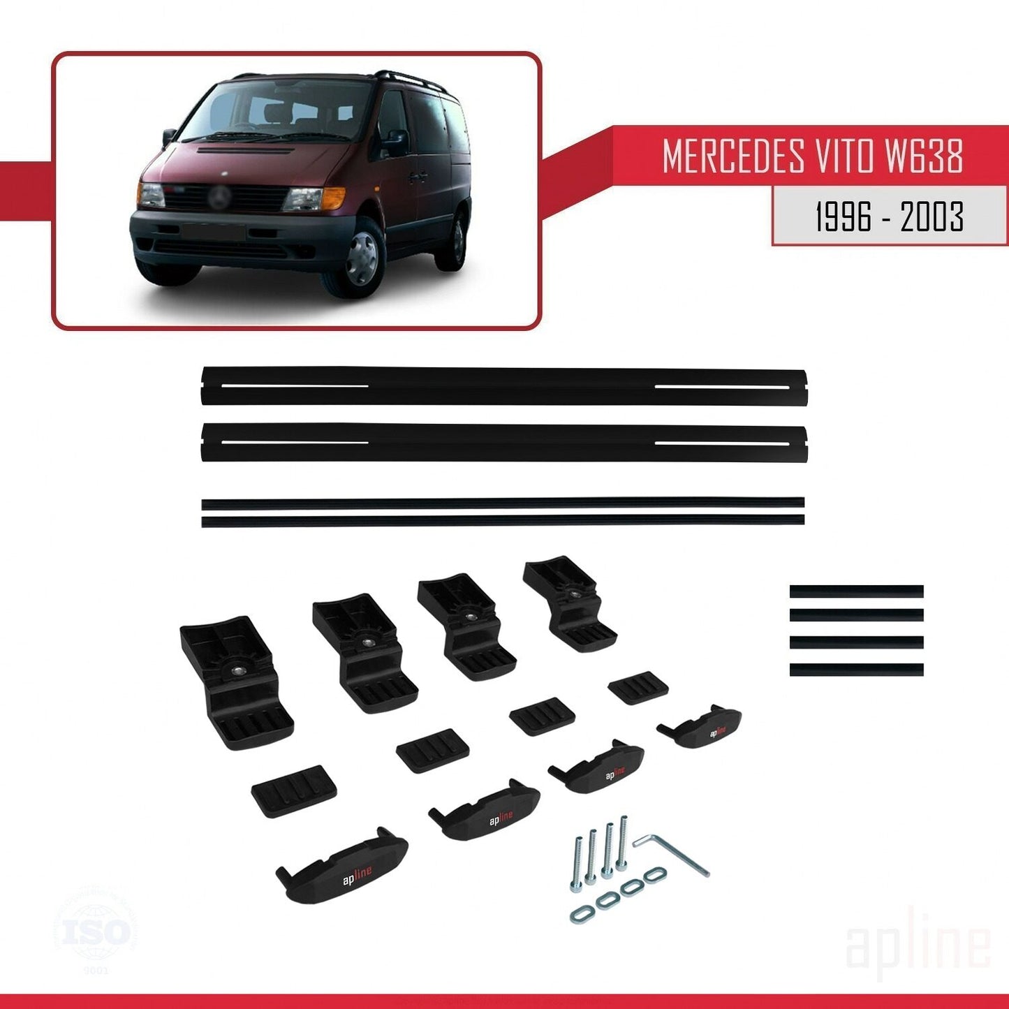 Compatible avec Mercedes Vito (W638) 1996-2003 BASIC Model Barres de Toit Railing Porte-Bagages de Voiture Noir Aluminium 2 Barres