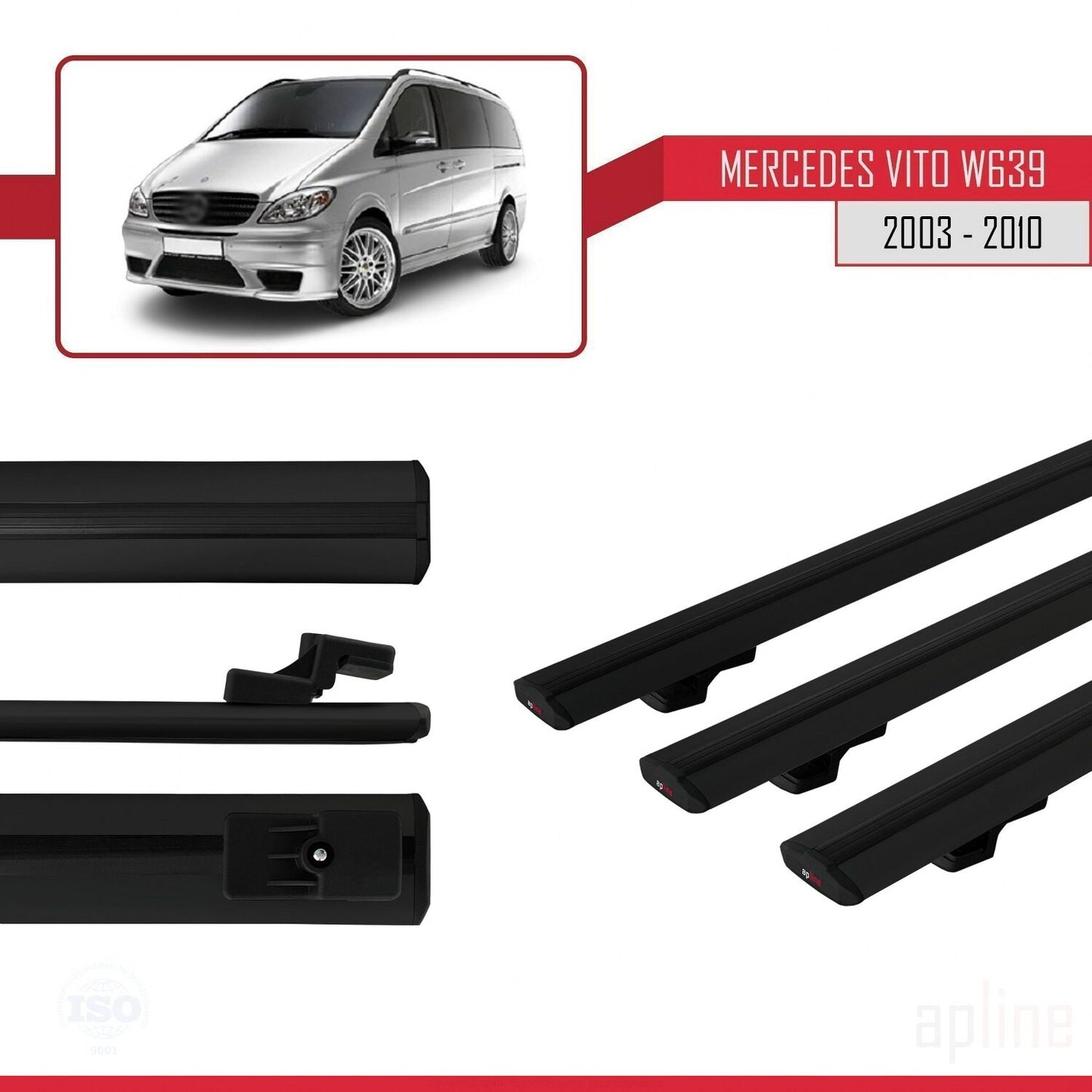 Compatible avec Mercedes Vito 2 (W639) Pre-Facelift 2003-2010 BASIC Model Barres de Toit Railing Porte-Bagages de Voiture Noir Aluminium 3 Barres