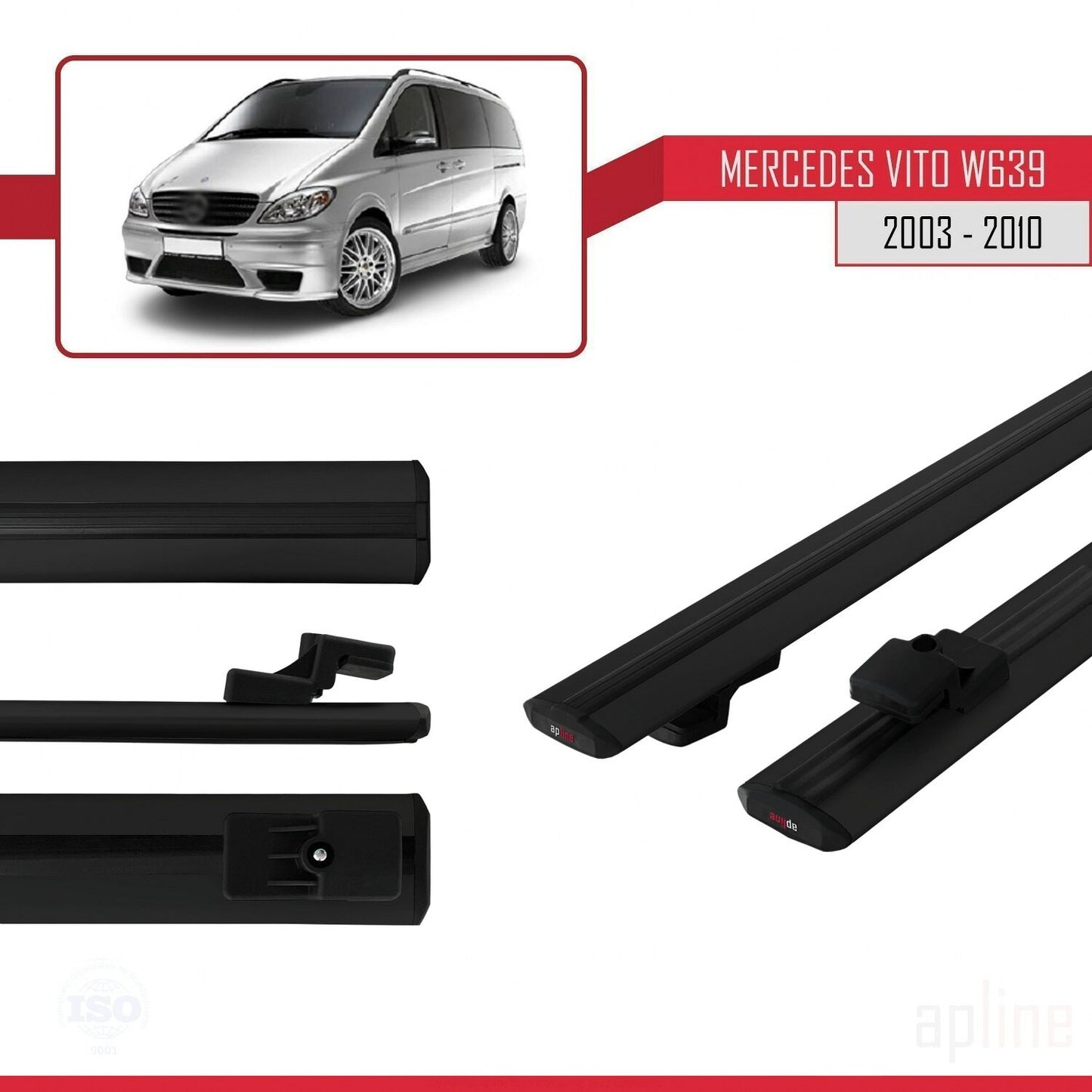 Compatible avec Mercedes Vito 2 (W639) Pre-Facelift 2003-2010 BASIC Model Barres de Toit Railing Porte-Bagages de Voiture Noir Aluminium 2 Barres