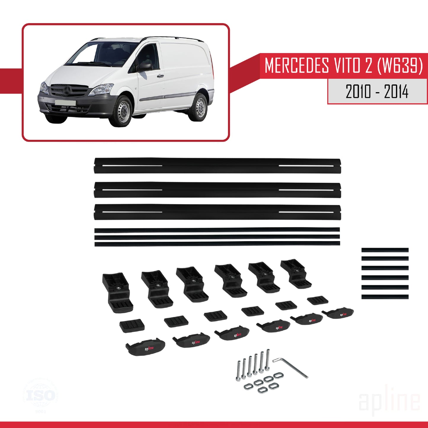 Compatible avec Mercedes Vito 2 (W639) Post-Facelift 2010-2014 BASIC Model Barres de Toit Railing Porte-Bagages de Voiture Noir Aluminium 3 Barres