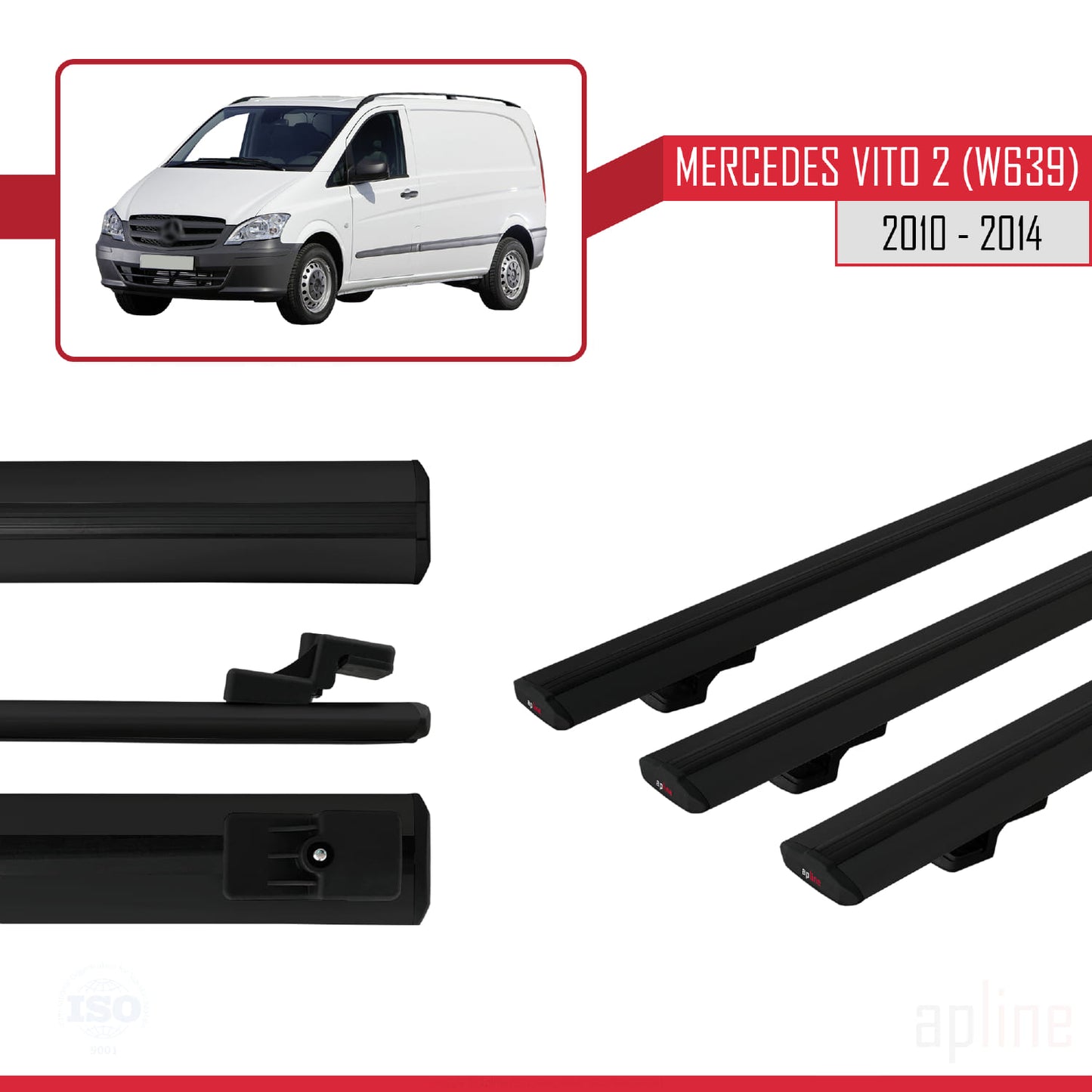 Compatible avec Mercedes Vito 2 (W639) Post-Facelift 2010-2014 BASIC Model Barres de Toit Railing Porte-Bagages de Voiture Noir Aluminium 3 Barres
