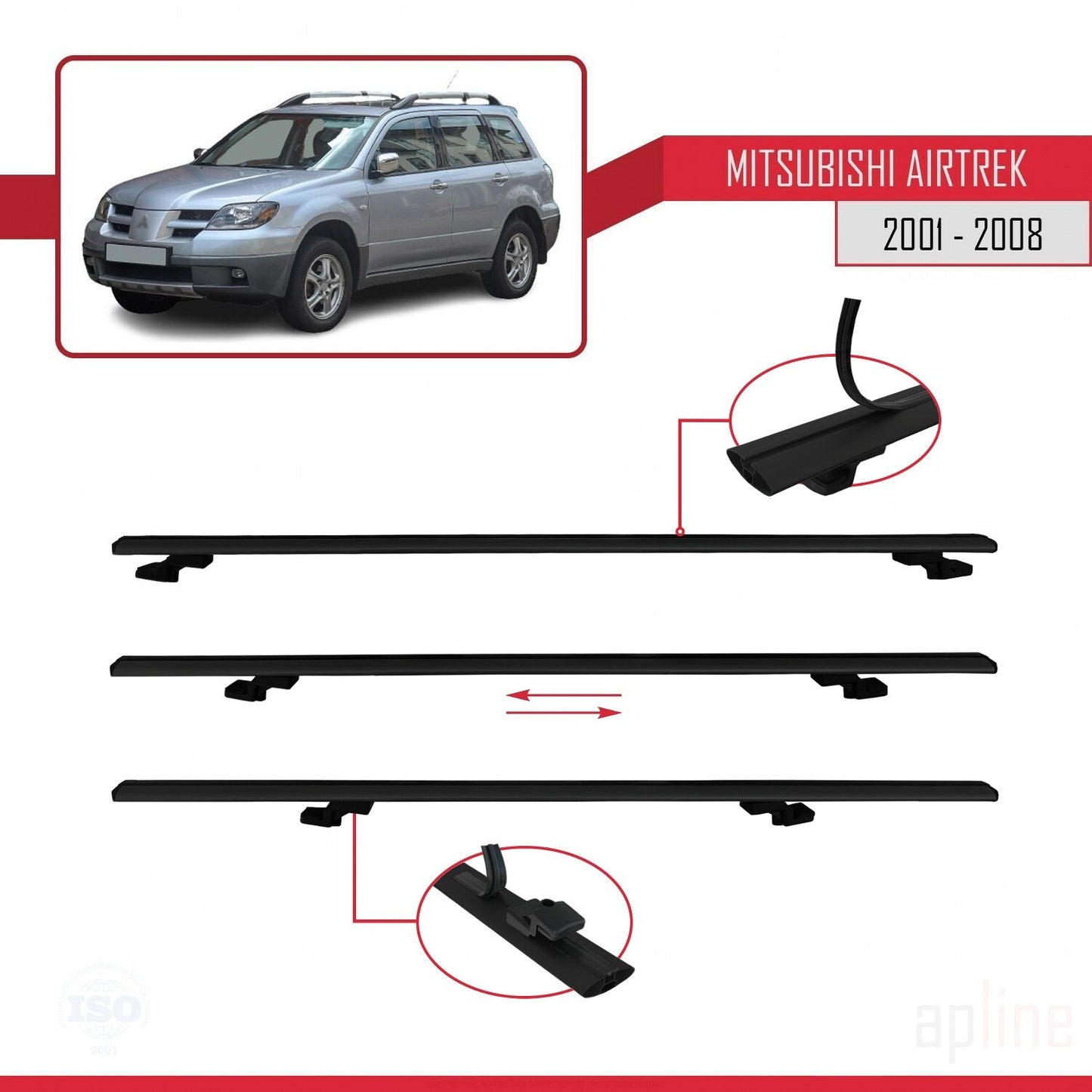 Compatible avec Mitsubishi Airtrek 2001-2008 BASIC Model Barres de Toit Railing Porte-Bagages de Voiture Noir Aluminium 3 Barres