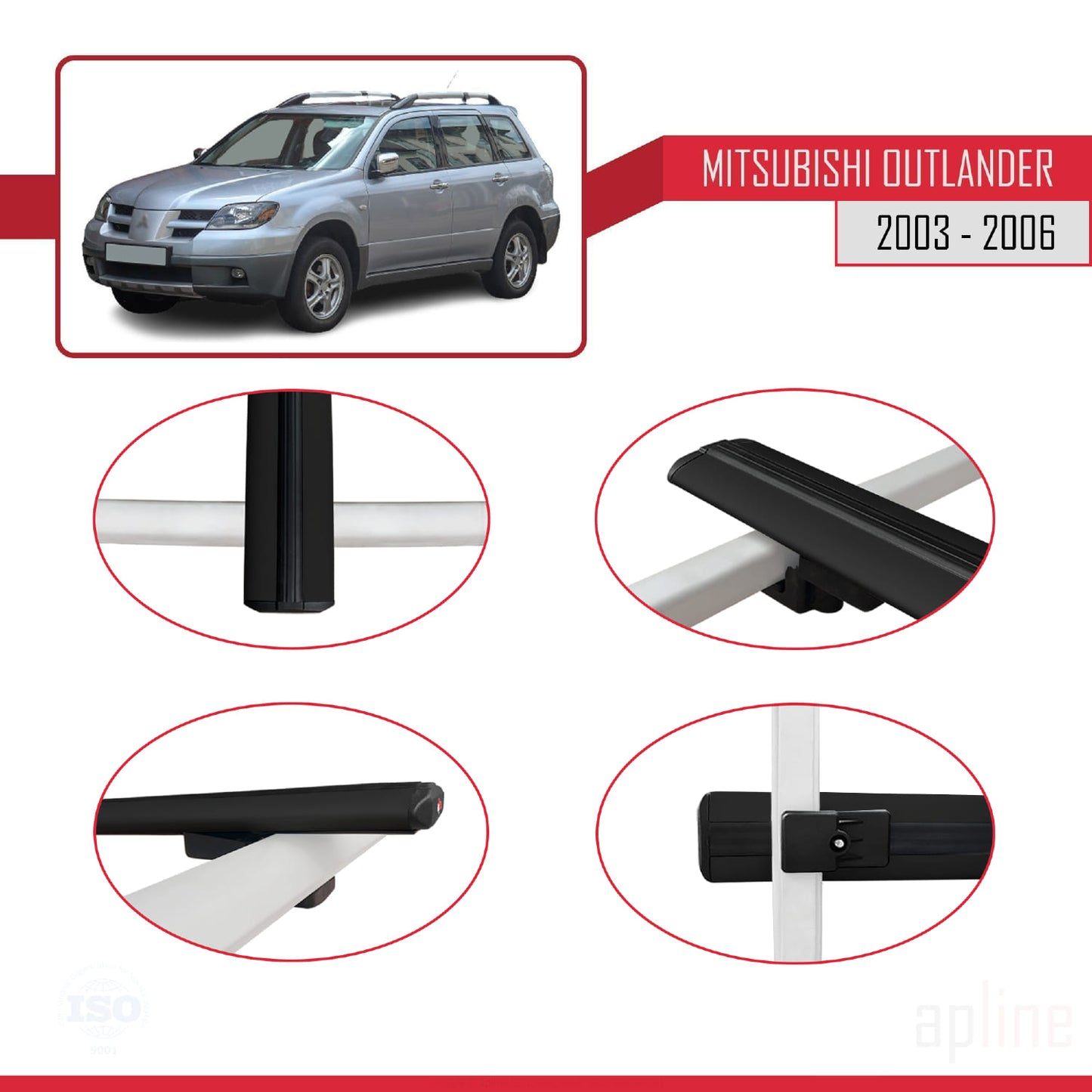 Compatible with Mitsubishi Outlander 2003-2006 BASIC Model Car Roof Rack Cross Bar Black Aluminium 3 Bars