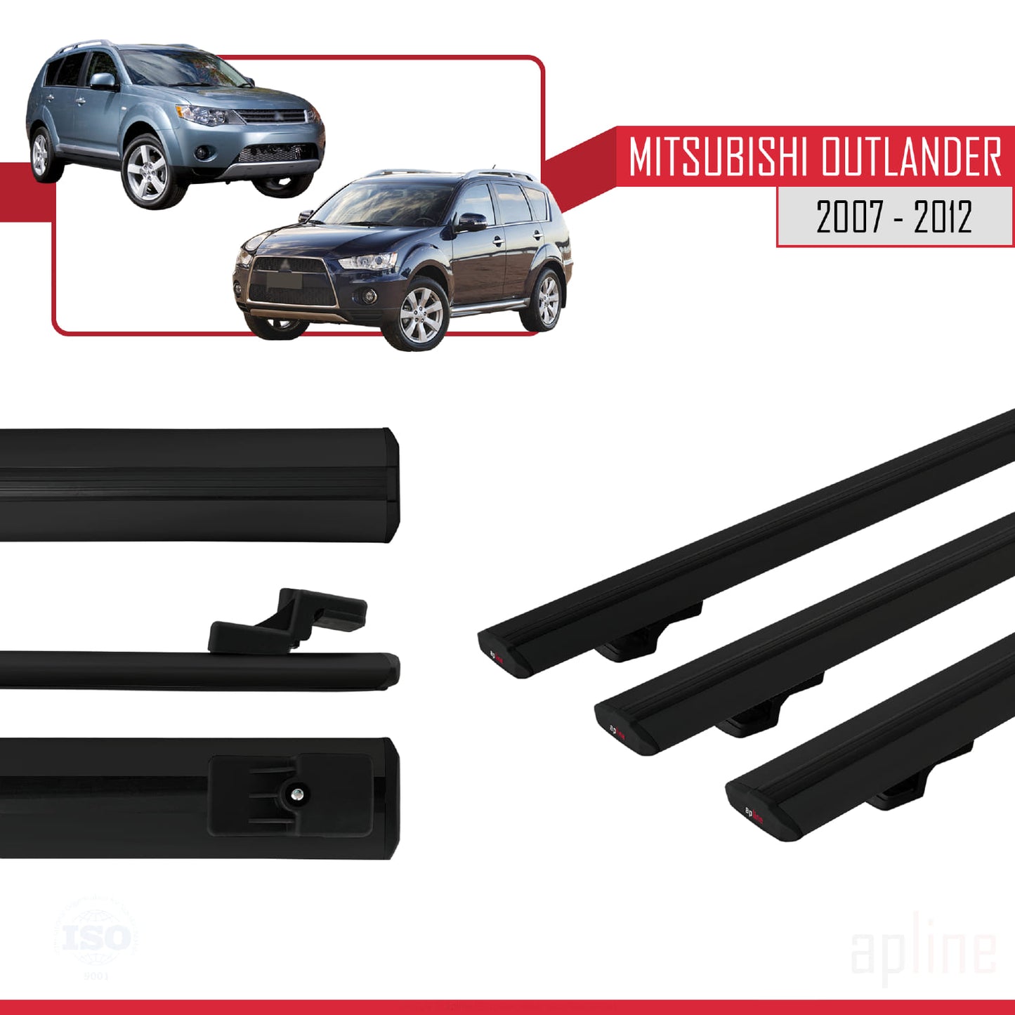 Compatible avec Mitsubishi Outlander 2 2007-2012 BASIC Model Barres de Toit Railing Porte-Bagages de Voiture Noir Aluminium 3 Barres