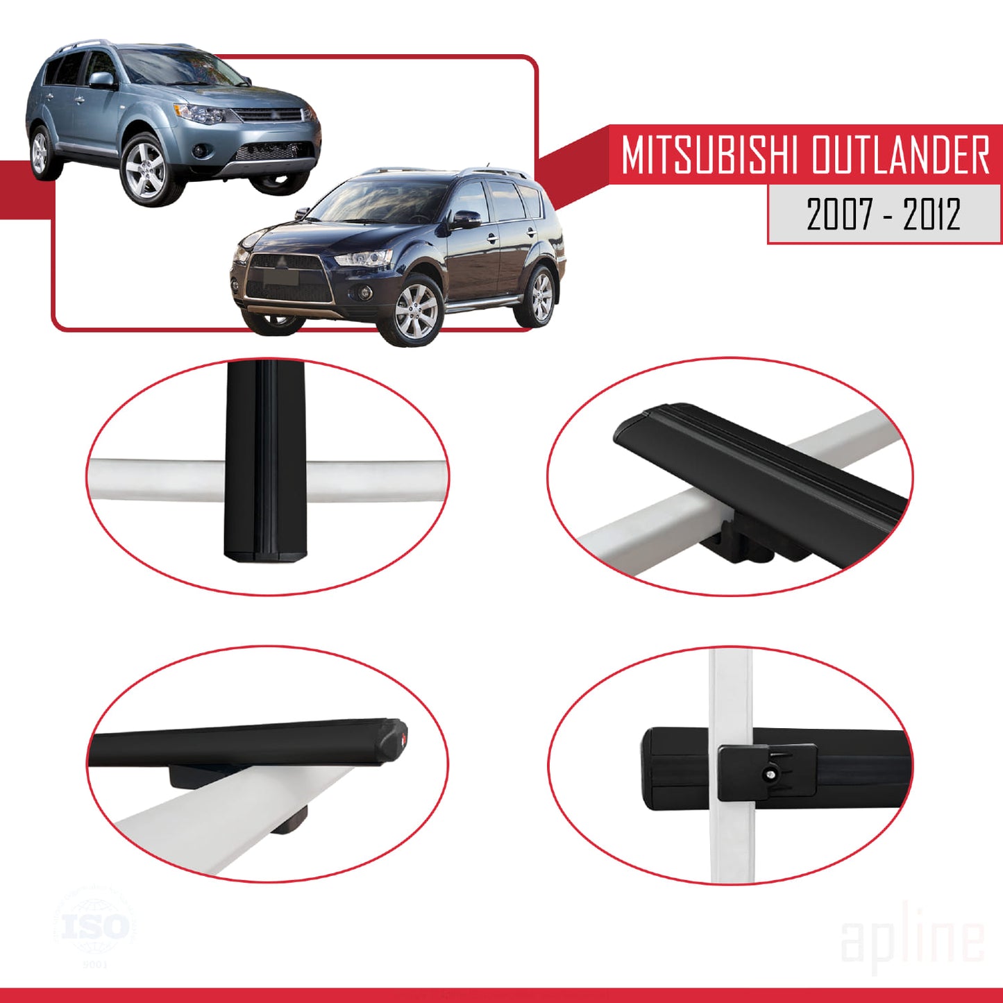 Compatible avec Mitsubishi Outlander 2 2007-2012 BASIC Model Barres de Toit Railing Porte-Bagages de Voiture Noir Aluminium 3 Barres