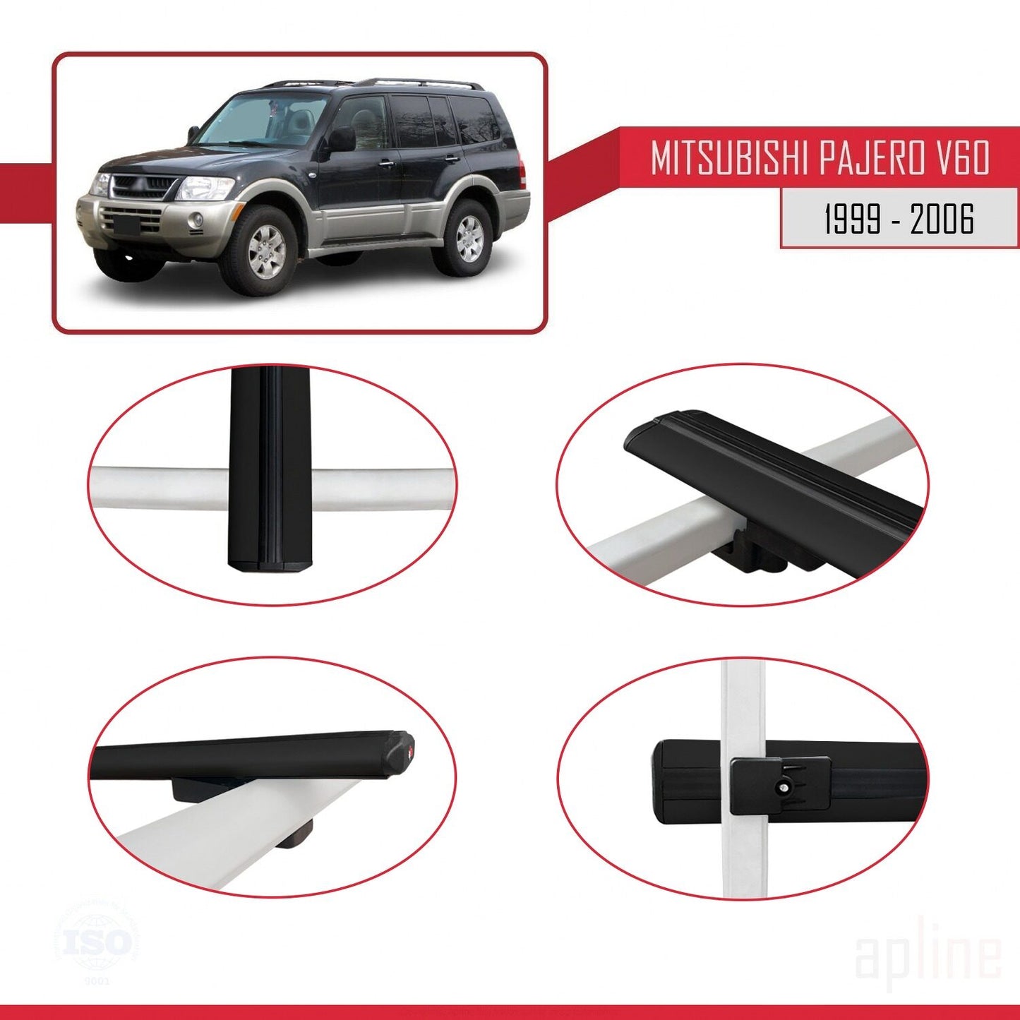 Compatible avec Mitsubishi Pajero (V60) 5 Kapı 1999-2006 BASIC Model Barres de Toit Railing Porte-Bagages de Voiture Noir Aluminium 3 Barres