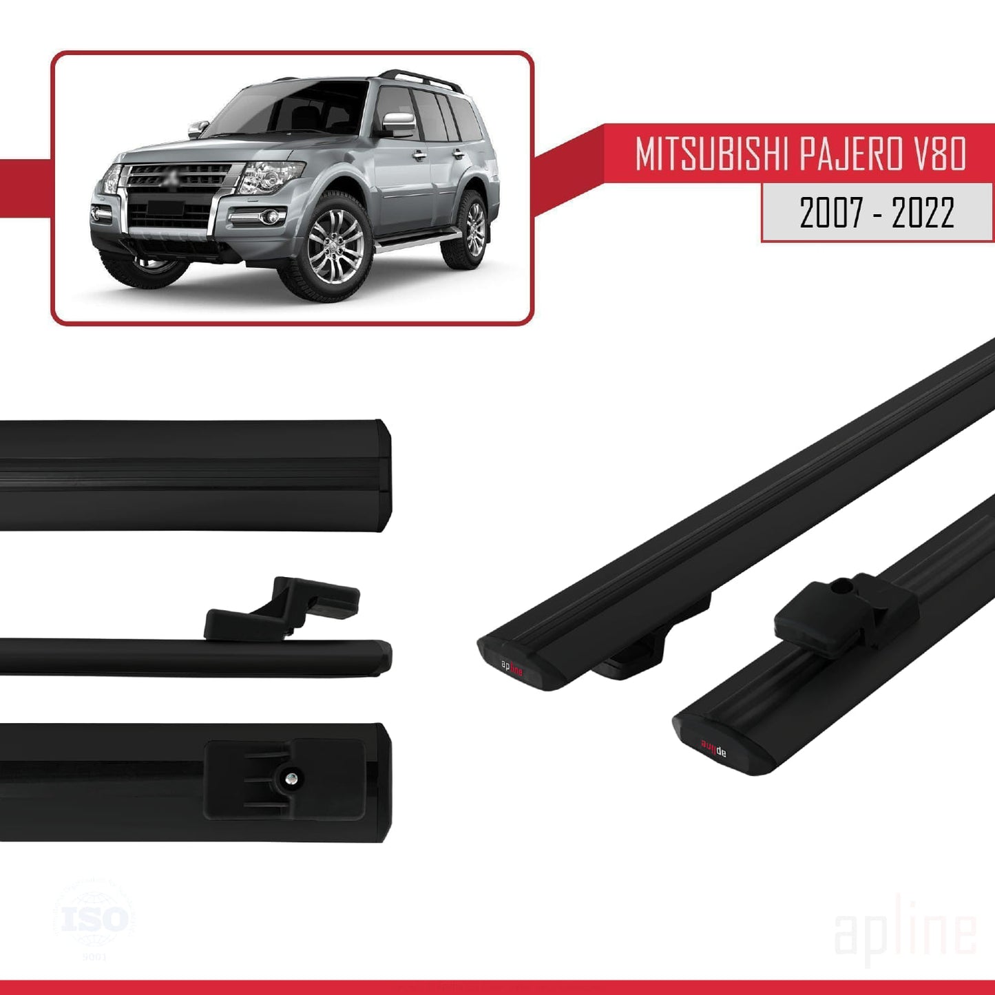 Compatible avec Mitsubishi Pajero (V80) 2007-2022 BASIC Model Barres de Toit Railing Porte-Bagages de Voiture Noir Aluminium 2 Barres