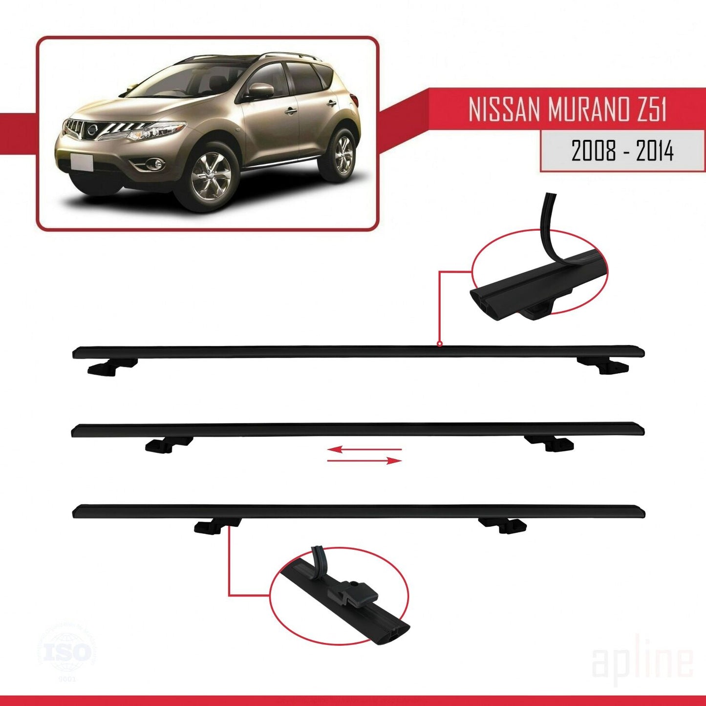 Compatible avec Nissan Murano 2 (Z51) 2008-2014 BASIC Model Barres de Toit Railing Porte-Bagages de Voiture Noir Aluminium 3 Barres