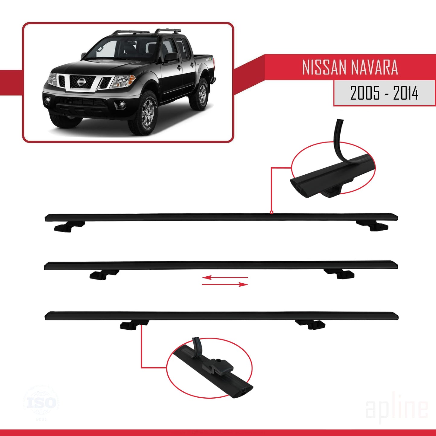 Compatible with Nissan Navara 3 (D40) 2005-2014 BASIC Model Car Roof Rack Cross Bar Black Aluminium 2 Bars