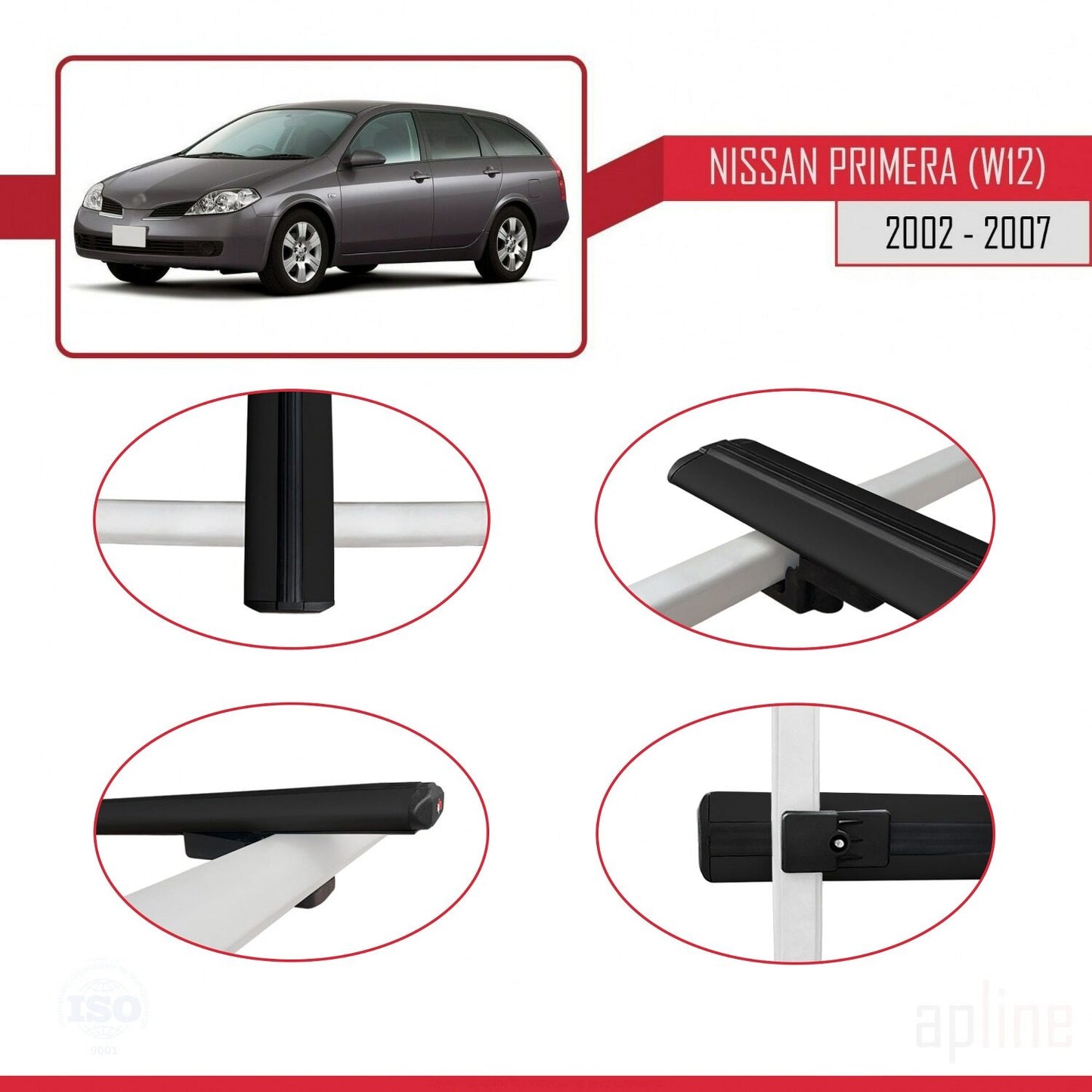 Compatible with Nissan Primera 3 (W12) Traveller 2002-2007 BASIC Model Car Roof Rack Cross Bar Black Aluminium 2 Bars