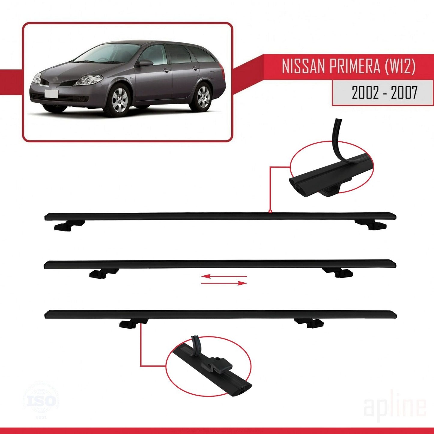Compatible with Nissan Primera 3 (W12) Traveller 2002-2007 BASIC Model Car Roof Rack Cross Bar Black Aluminium 2 Bars