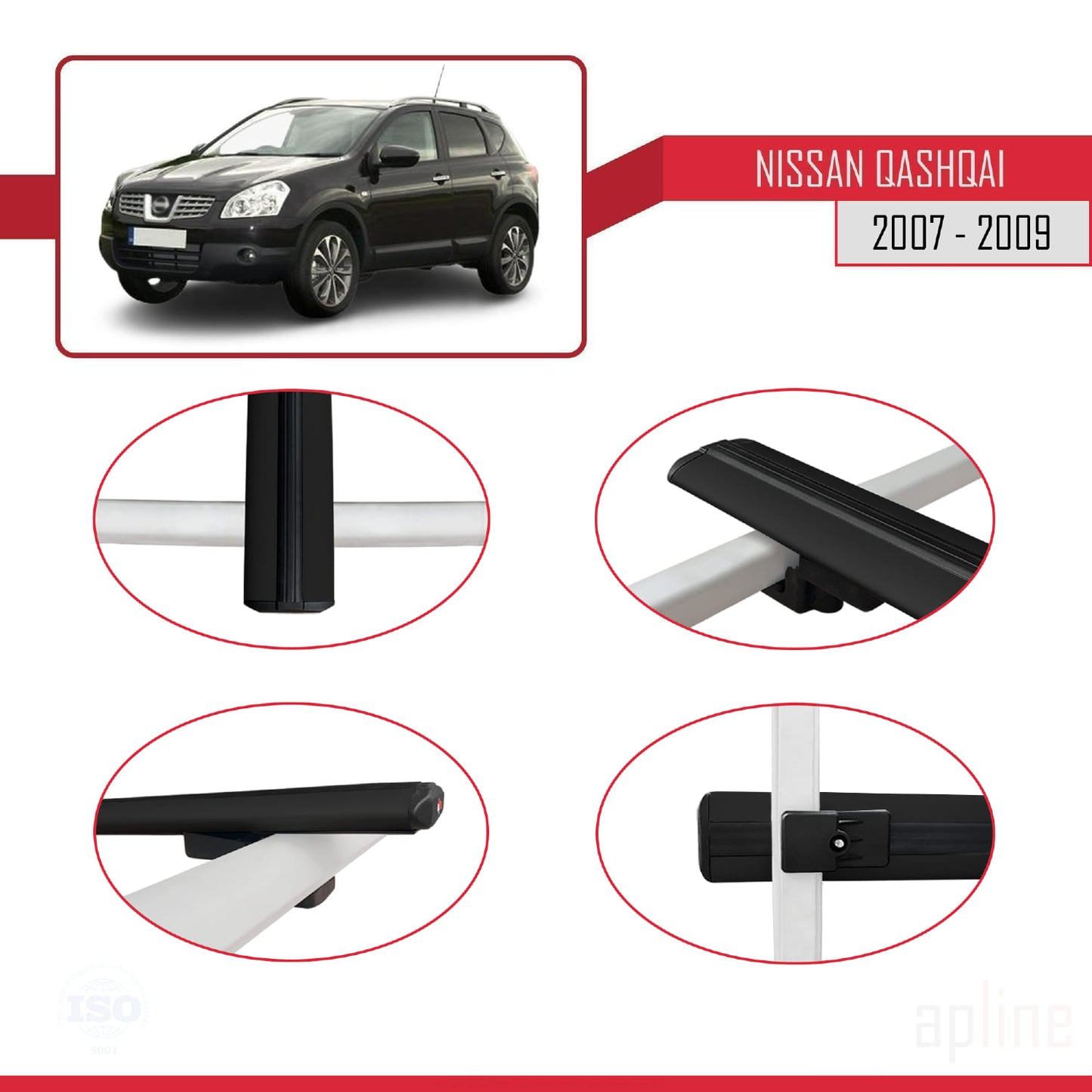 Compatible with Nissan Qashqai (J10) Pre-Facelift 2007-2009 BASIC Model Car Roof Rack Cross Bar Black Aluminium 2 Bars