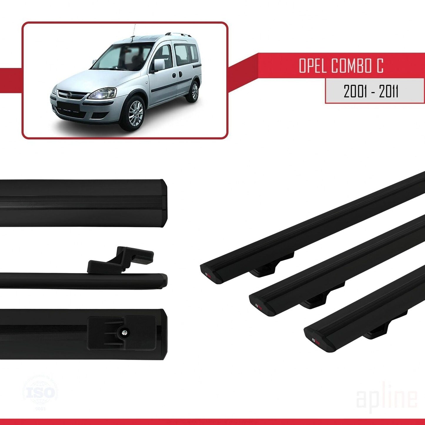 Compatible avec Opel Combo C 2001-2011 BASIC Model Barres de Toit Railing Porte-Bagages de Voiture Noir Aluminium 3 Barres