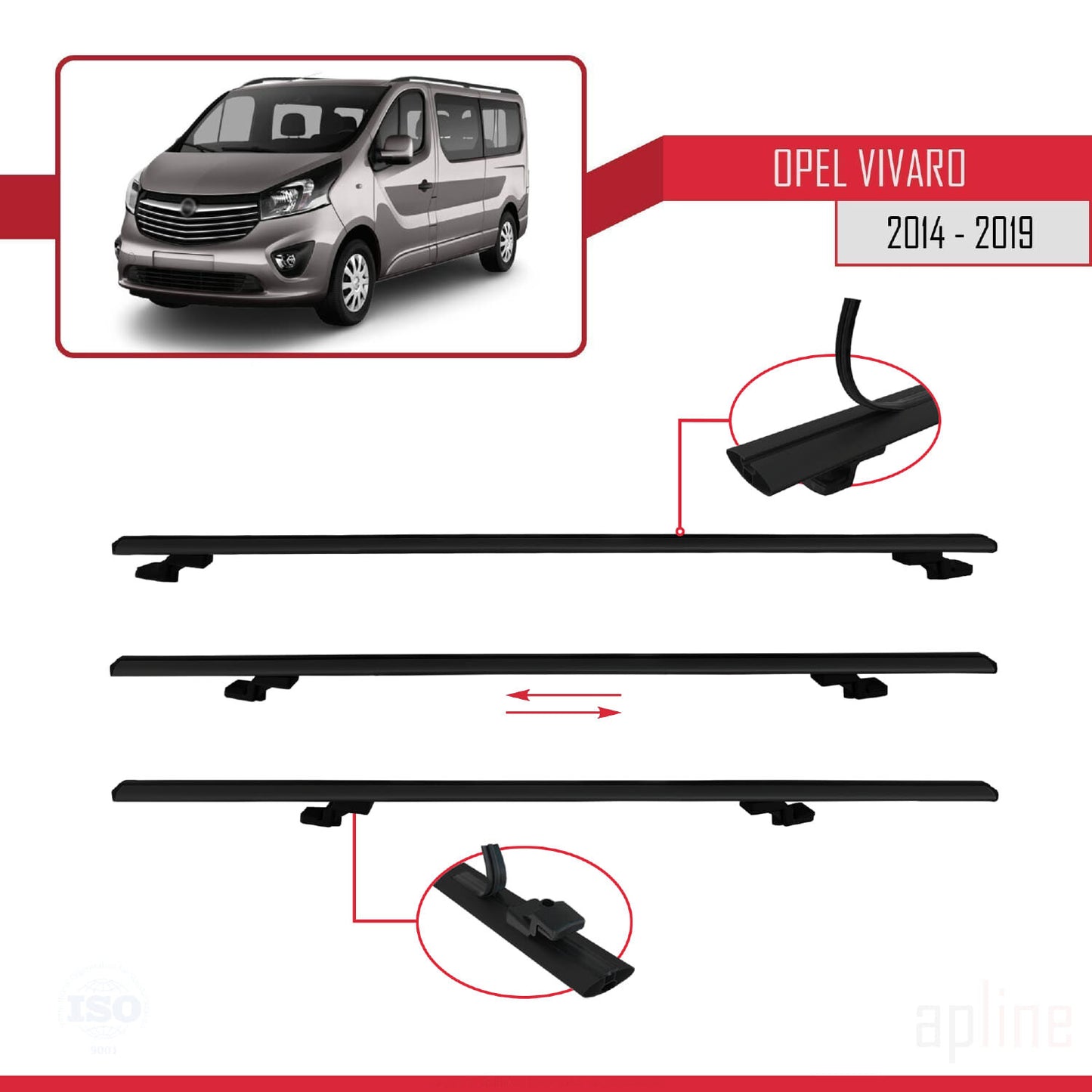 Compatible avec Opel Vivaro B 2014-2019 BASIC Model Barres de Toit Railing Porte-Bagages de Voiture Noir Aluminium 4 Barres