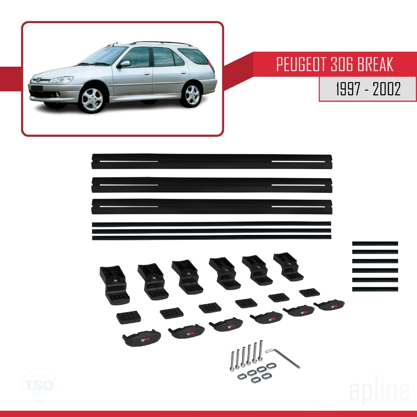 Compatible avec Peugeot 306 Break 1997-2002 BASIC Model Barres de Toit Railing Porte-Bagages de Voiture Noir Aluminium 3 Barres