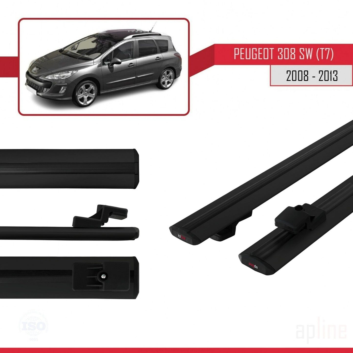Compatible avec Peugeot 308 (T7) Break 2008-2013 BASIC Model Barres de Toit Railing Porte-Bagages de Voiture Noir Aluminium 2 Barres