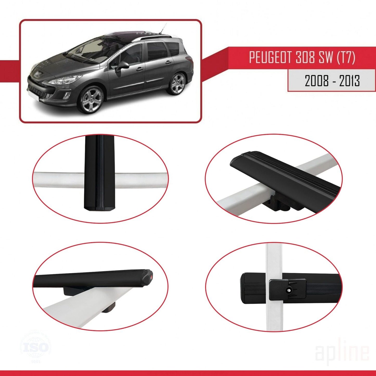 Compatible avec Peugeot 308 (T7) Break 2008-2013 BASIC Model Barres de Toit Railing Porte-Bagages de Voiture Noir Aluminium 2 Barres