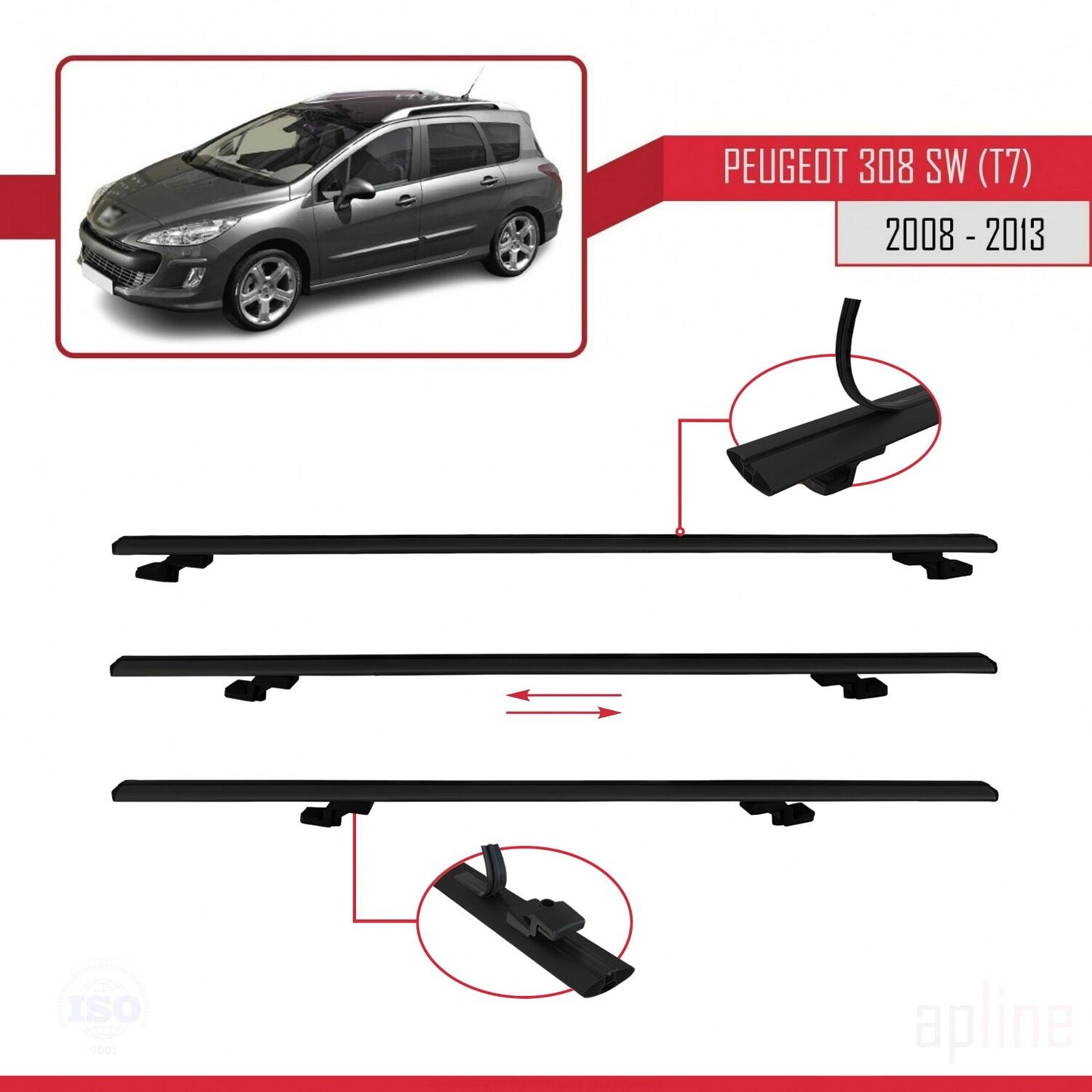 Compatible avec Peugeot 308 (T7) Break 2008-2013 BASIC Model Barres de Toit Railing Porte-Bagages de Voiture Noir Aluminium 2 Barres