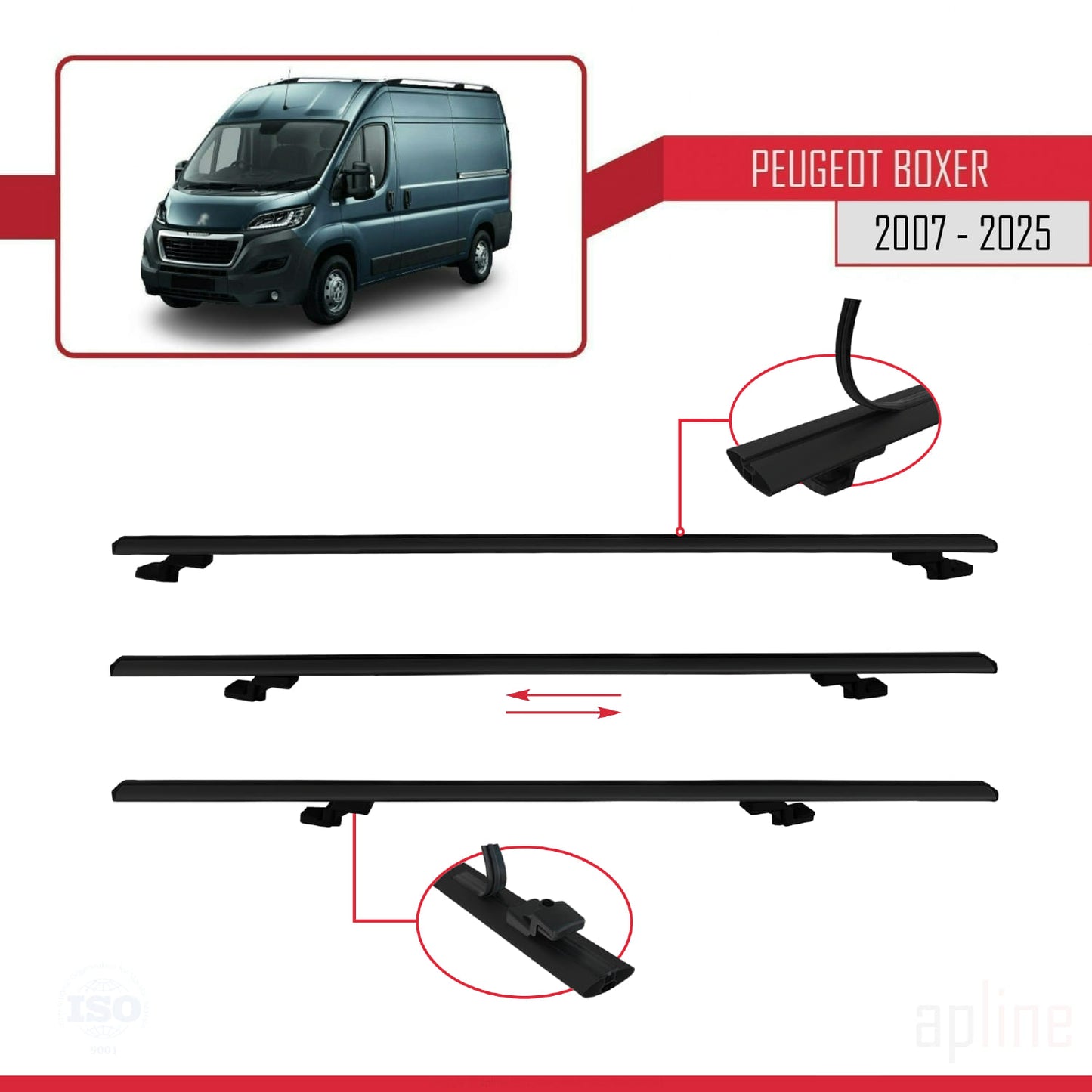 Compatible avec Peugeot Boxer 2 2007-2025 BASIC Model Barres de Toit Railing Porte-Bagages de Voiture Noir Aluminium 2 Barres