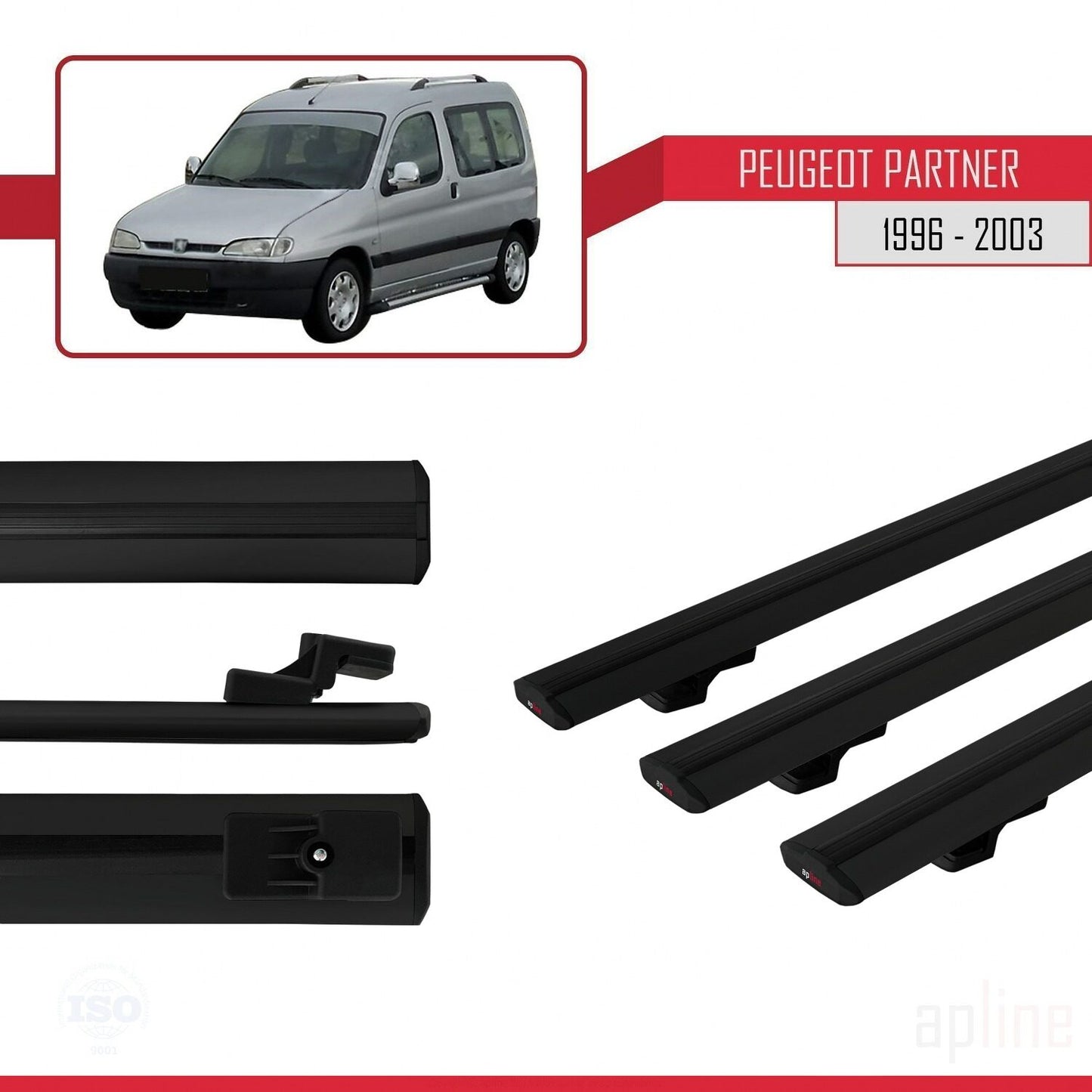 Compatible avec Peugeot Partner Pre-Facelift 1996-2003 BASIC Model Barres de Toit Railing Porte-Bagages de Voiture Noir Aluminium 3 Barres