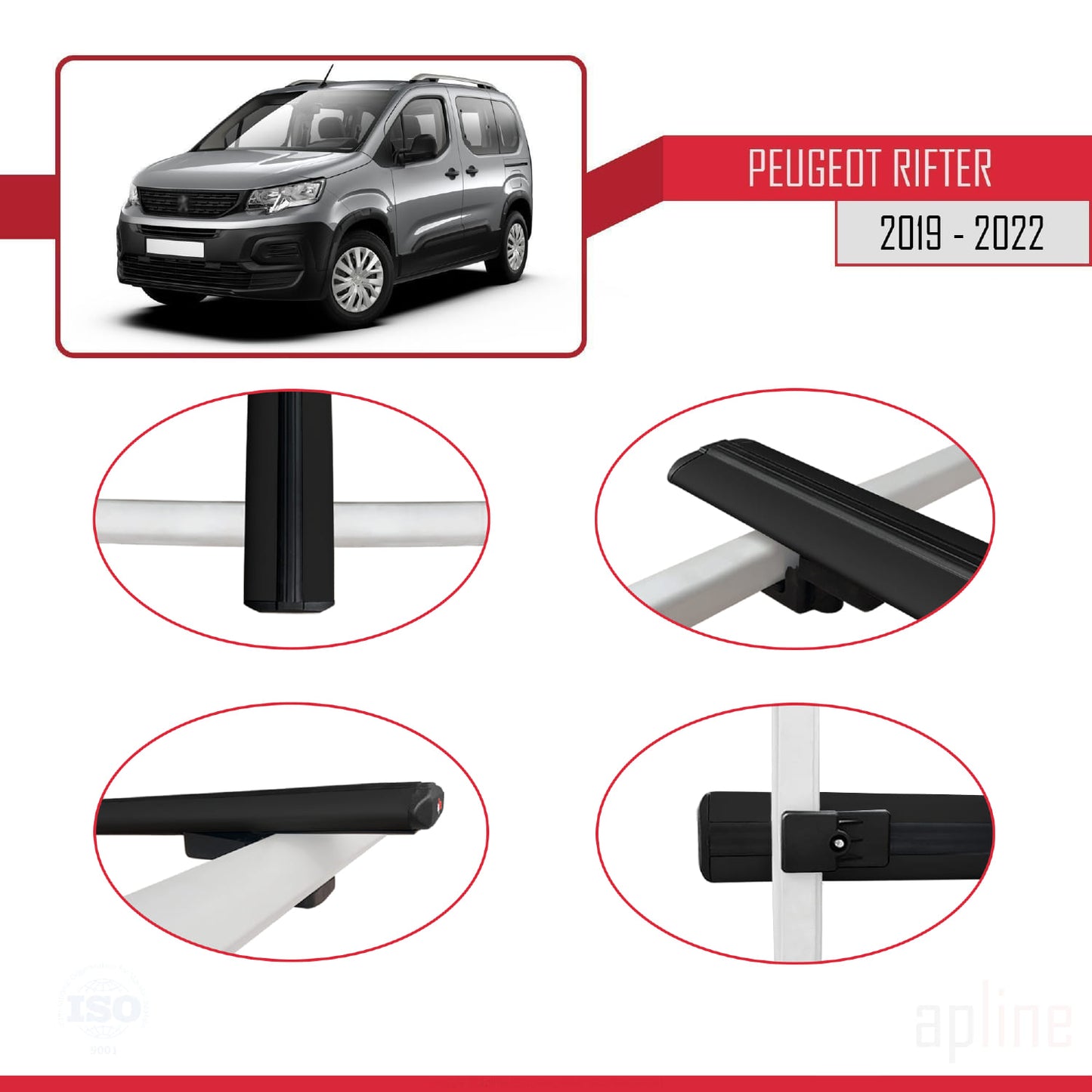 Compatible avec Peugeot Rifter 2019-2022 BASIC Model Barres de Toit Railing Porte-Bagages de Voiture Noir Aluminium 4 Barres