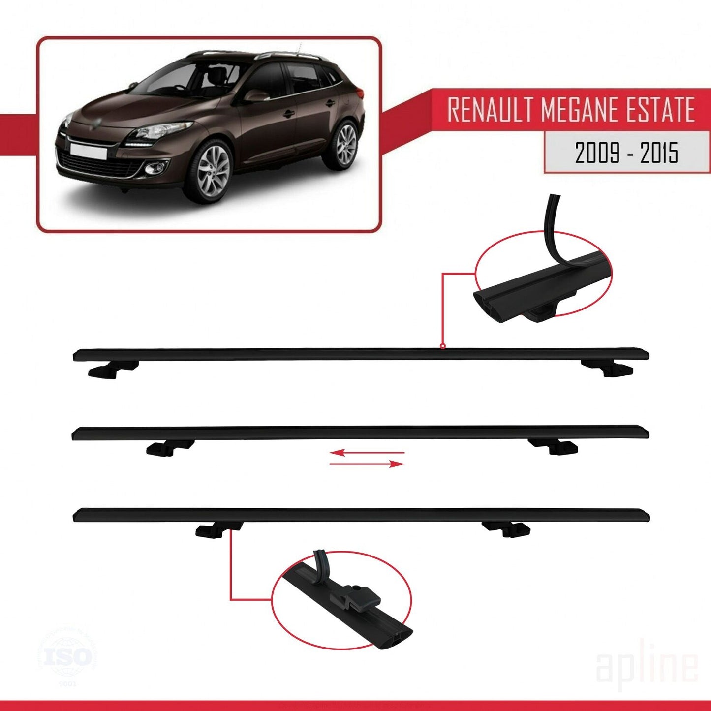 Compatible avec Renault Megane 3 ST 2009-2015 BASIC Model Barres de Toit Railing Porte-Bagages de Voiture Noir Aluminium 3 Barres