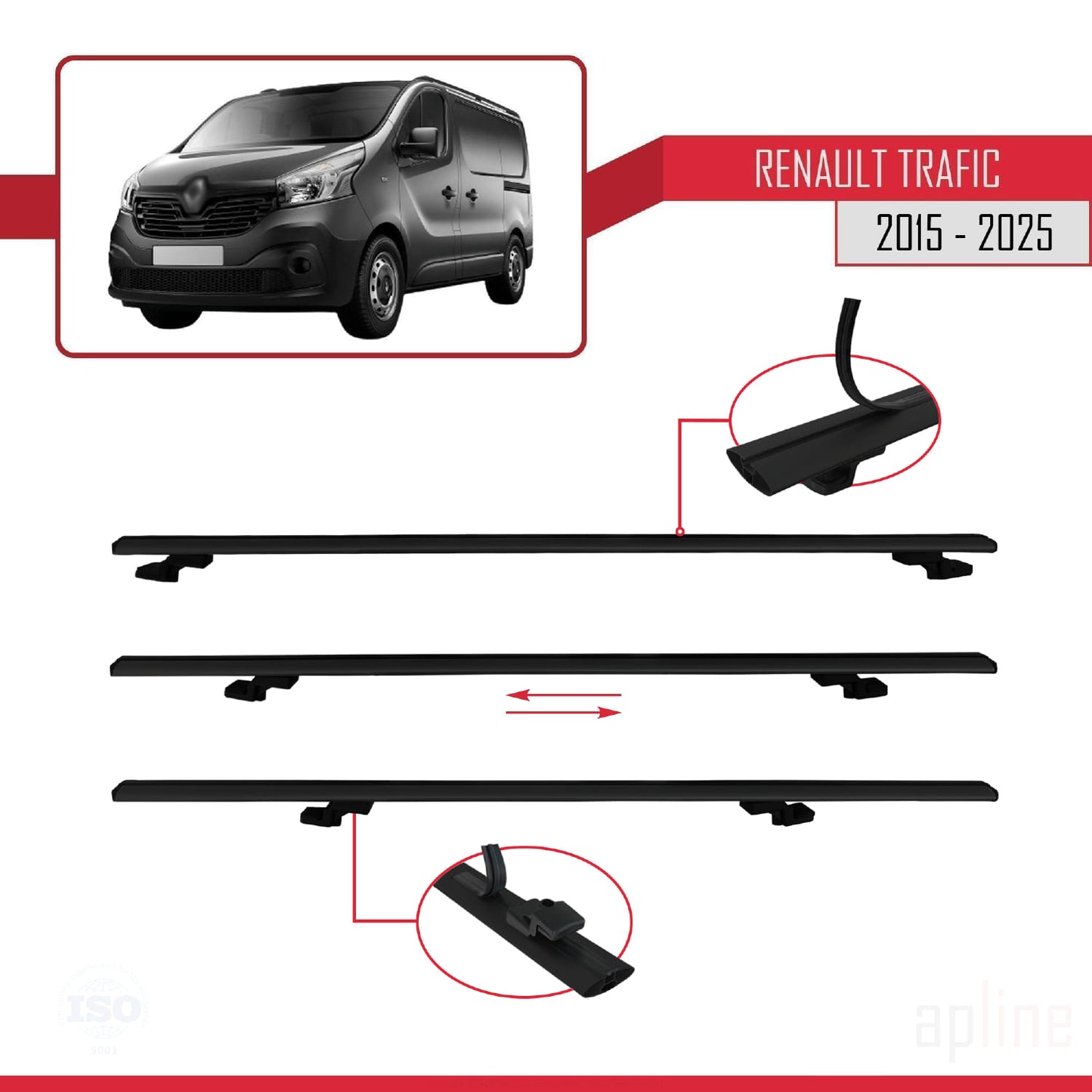 Compatible avec Renault Trafic 3 (X82) 2015-2025 BASIC Model Barres de Toit Railing Porte-Bagages de Voiture Noir Aluminium 3 Barres