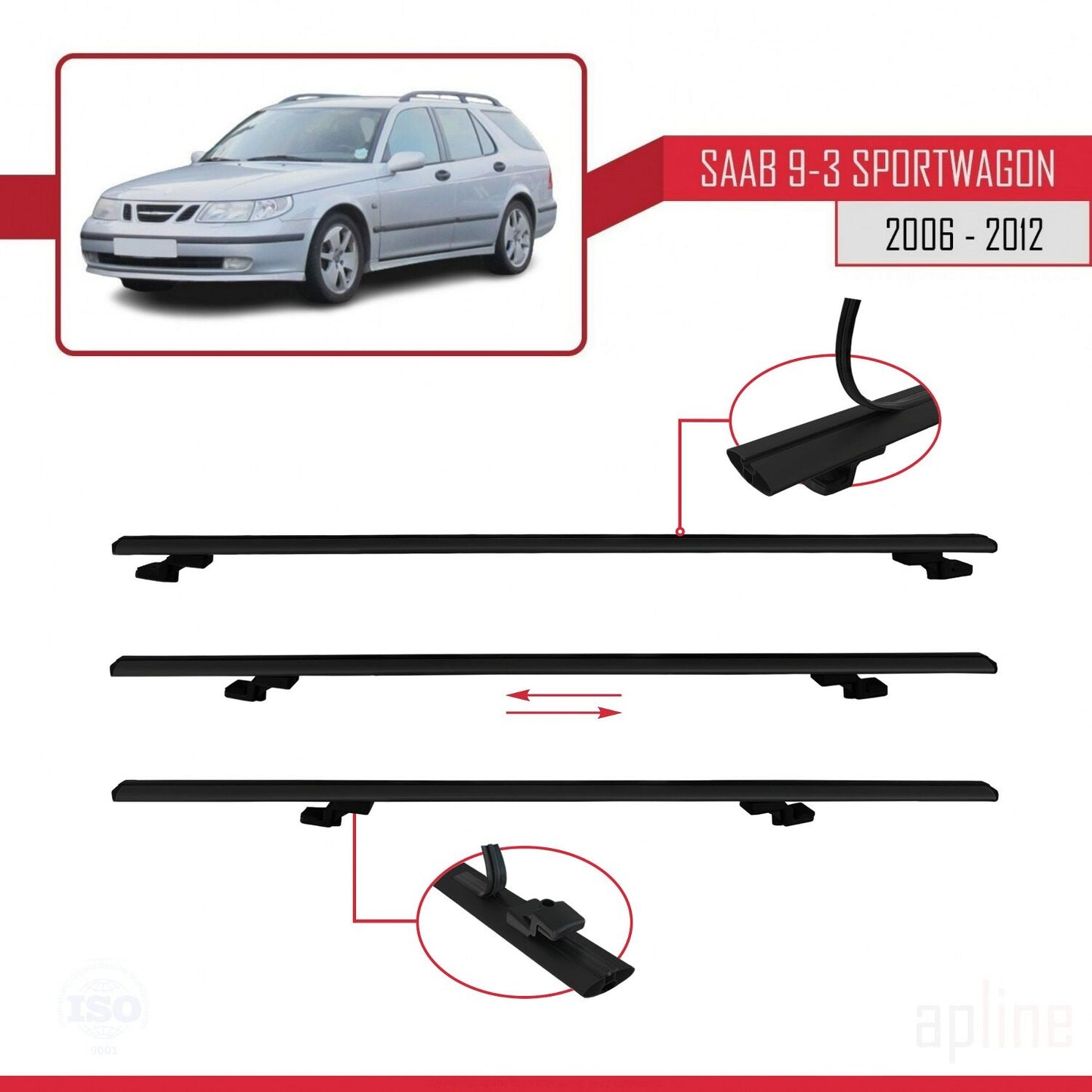 Compatible avec Saab 9-3 II Break 2006-2012 BASIC Model Barres de Toit Railing Porte-Bagages de Voiture Noir Aluminium 2 Barres