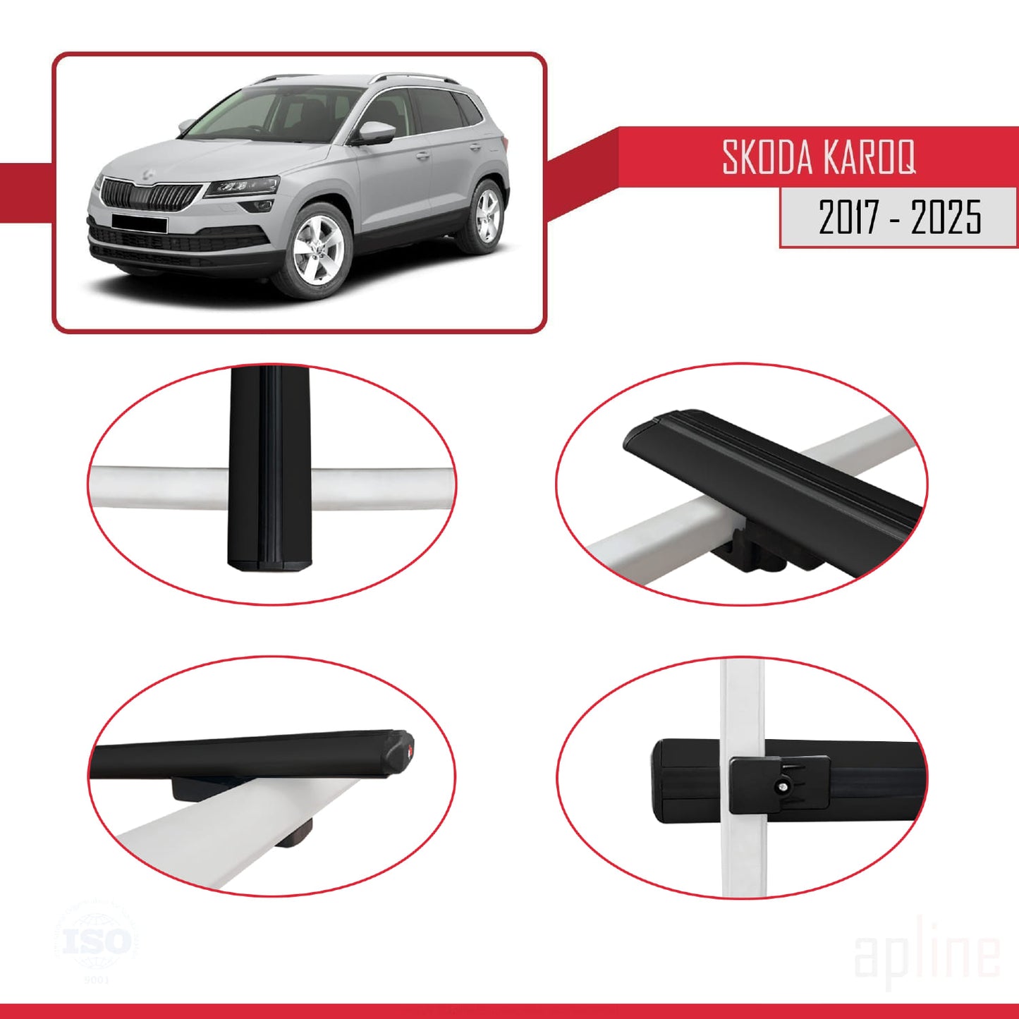 Compatible avec Skoda Karoq 2017-2025 BASIC Model Barres de Toit Railing Porte-Bagages de Voiture Noir Aluminium 3 Barres