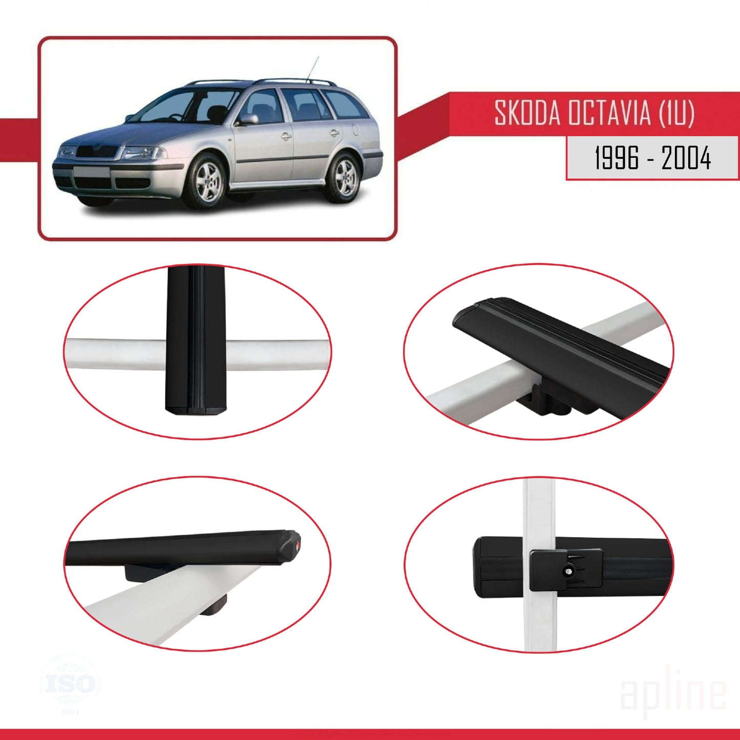Compatible avec Skoda Octavia (1U) 1996-2004 BASIC Model Barres de Toit Railing Porte-Bagages de Voiture Noir Aluminium 2 Barres