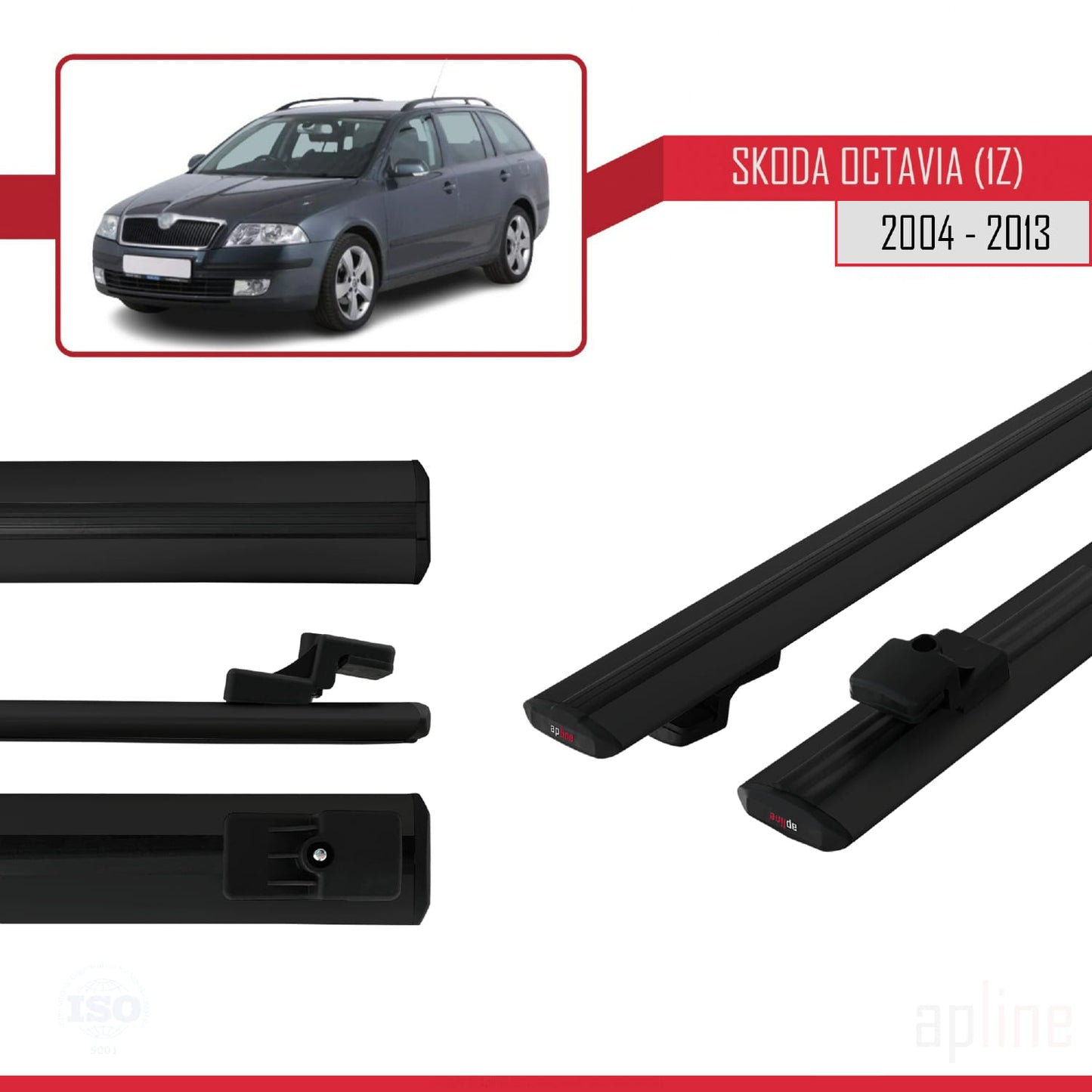 Compatible avec Skoda Octavia 2 (1Z) 2004-2013 BASIC Model Barres de Toit Railing Porte-Bagages de Voiture Noir Aluminium 2 Barres