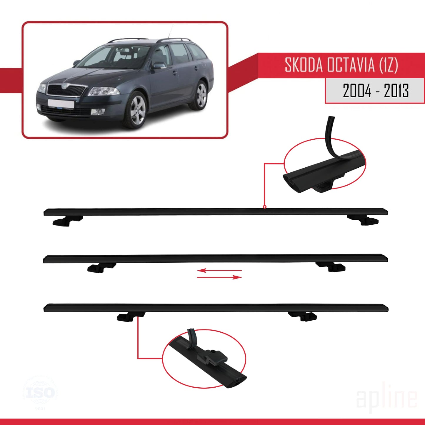 Compatible avec Skoda Octavia 2 (1Z) 2004-2013 BASIC Model Barres de Toit Railing Porte-Bagages de Voiture Noir Aluminium 2 Barres