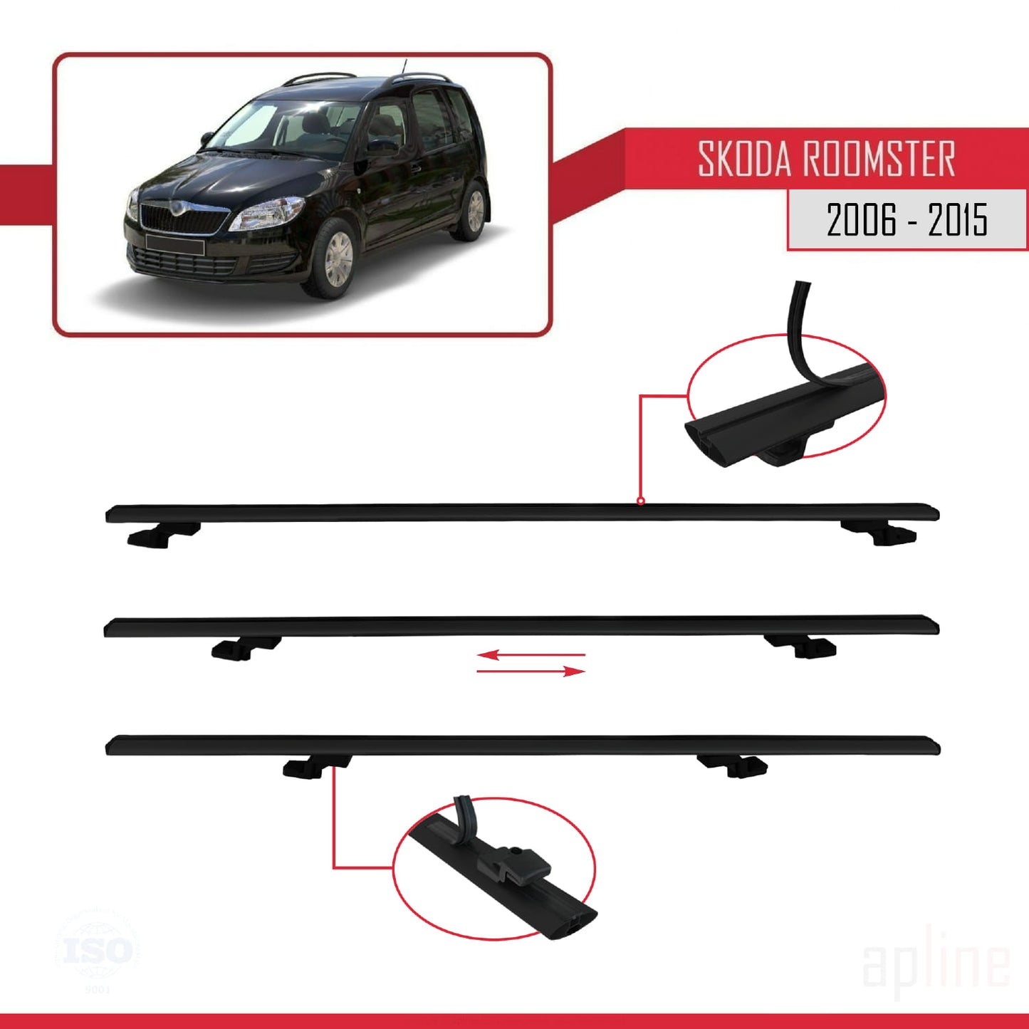 Compatible avec Skoda Roomster 2006-2015 BASIC Model Barres de Toit Railing Porte-Bagages de Voiture Noir Aluminium 3 Barres