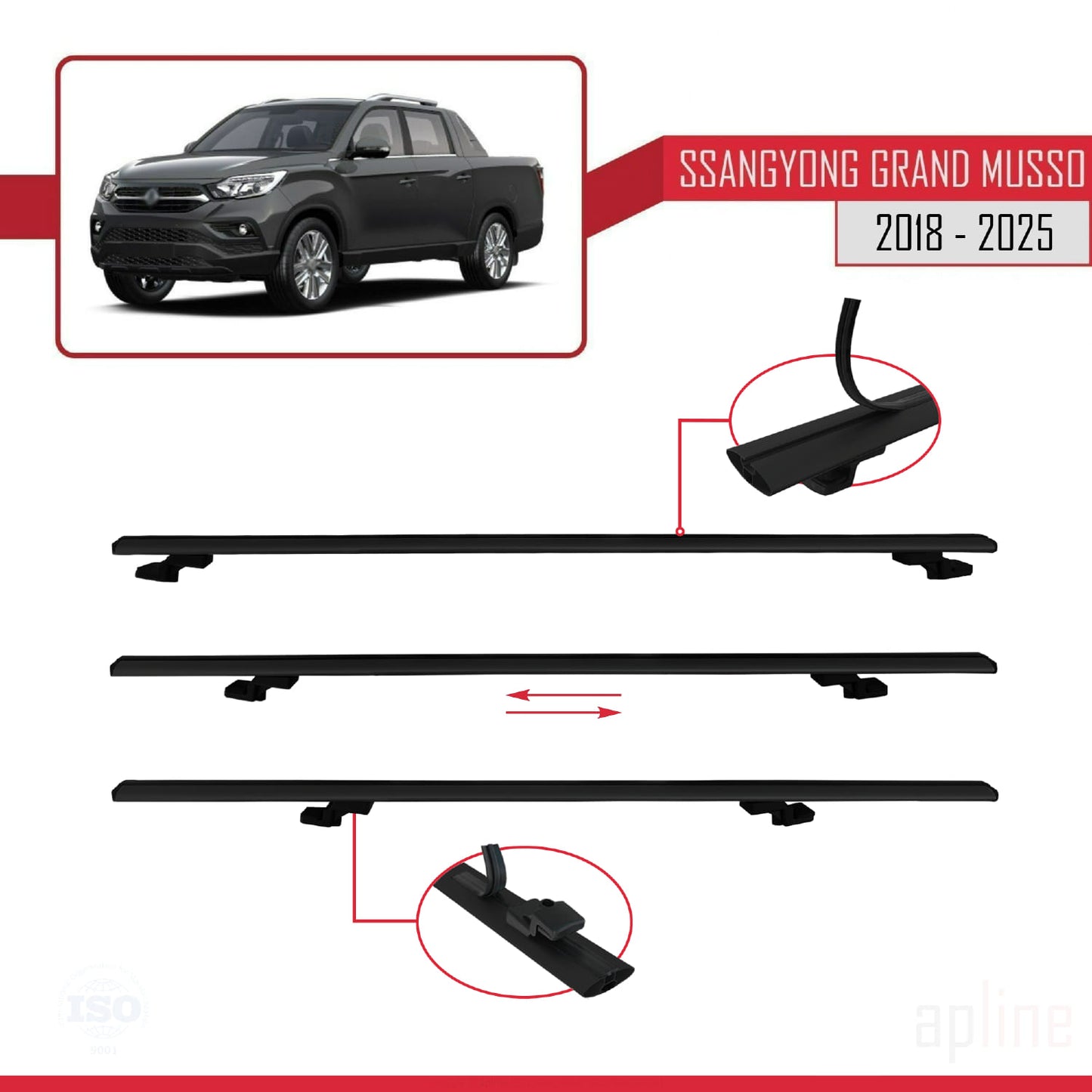 Compatible avec Ssangyong Grand Musso 2018-2025 BASIC Model Barres de Toit Railing Porte-Bagages de Voiture Noir Aluminium 2 Barres