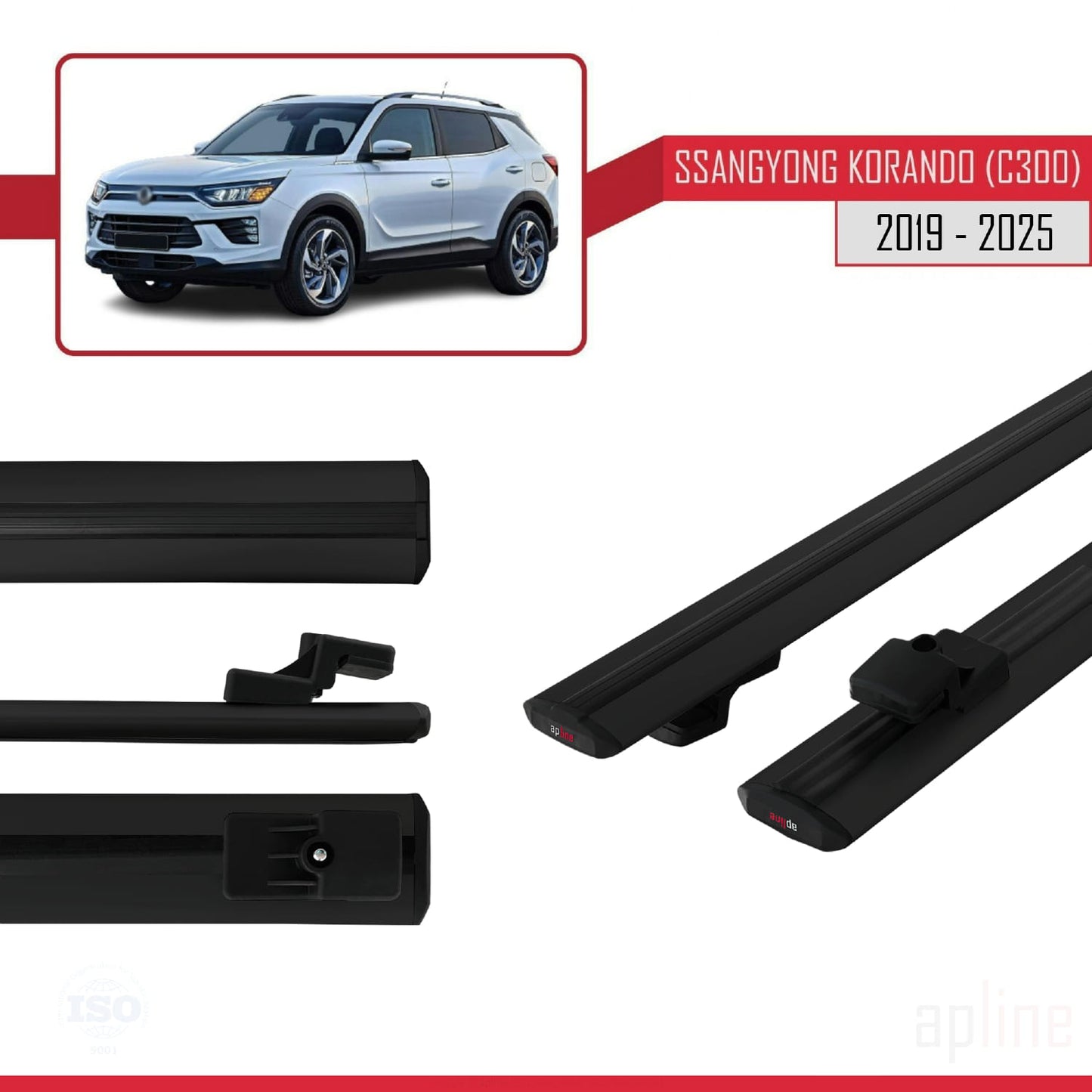 Compatible avec Ssangyong Korando 4 (C300) 2019-2025 BASIC Model Barres de Toit Railing Porte-Bagages de Voiture Noir Aluminium 2 Barres