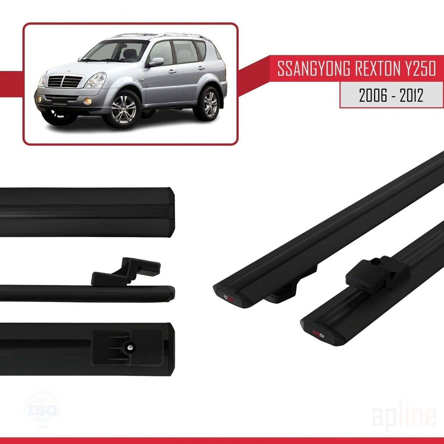 Compatible with Ssangyong Rexton (Y250) 2006-2012 BASIC Model Car Roof Rack Cross Bar Black Aluminium 2 Bars