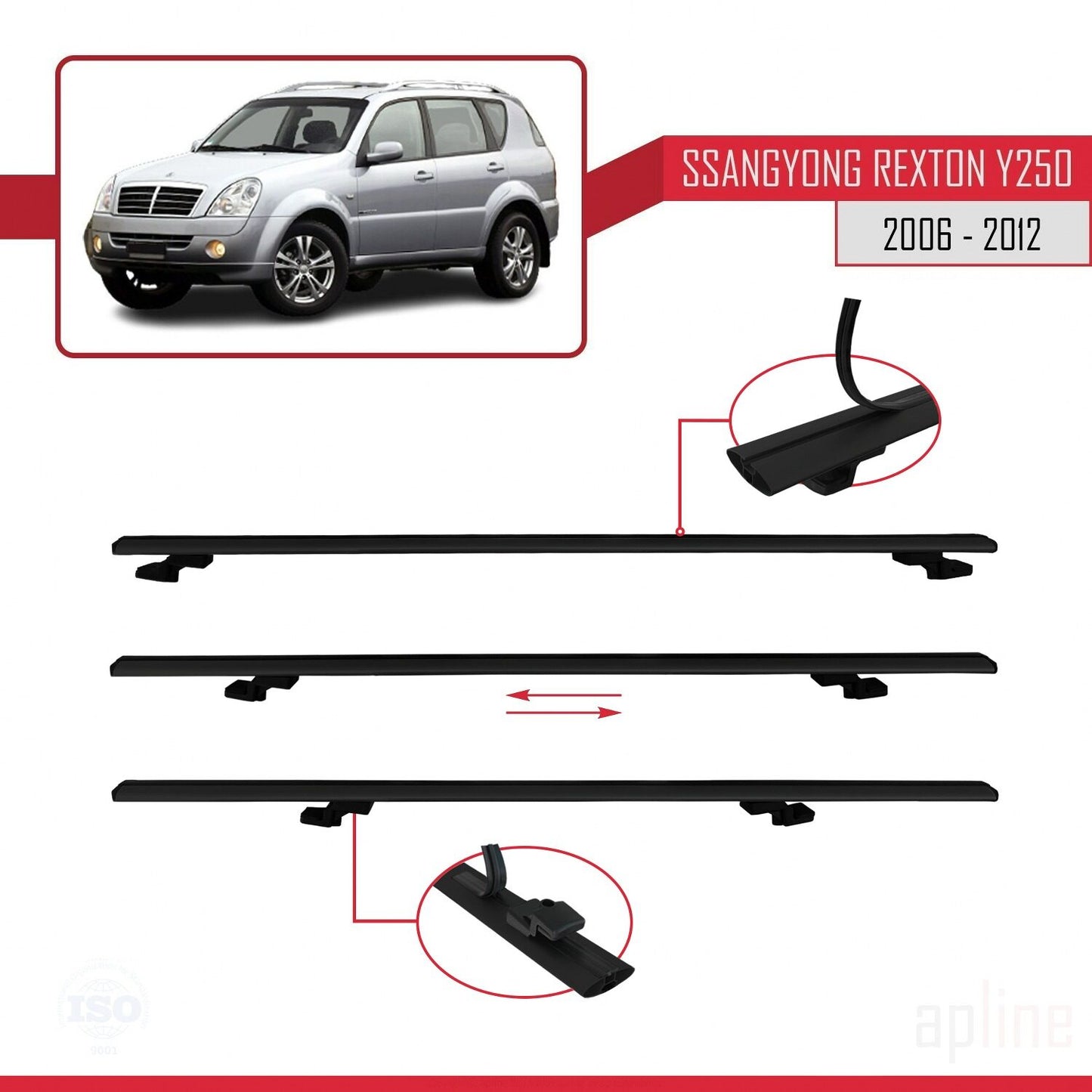 Compatible with Ssangyong Rexton (Y250) 2006-2012 BASIC Model Car Roof Rack Cross Bar Black Aluminium 2 Bars