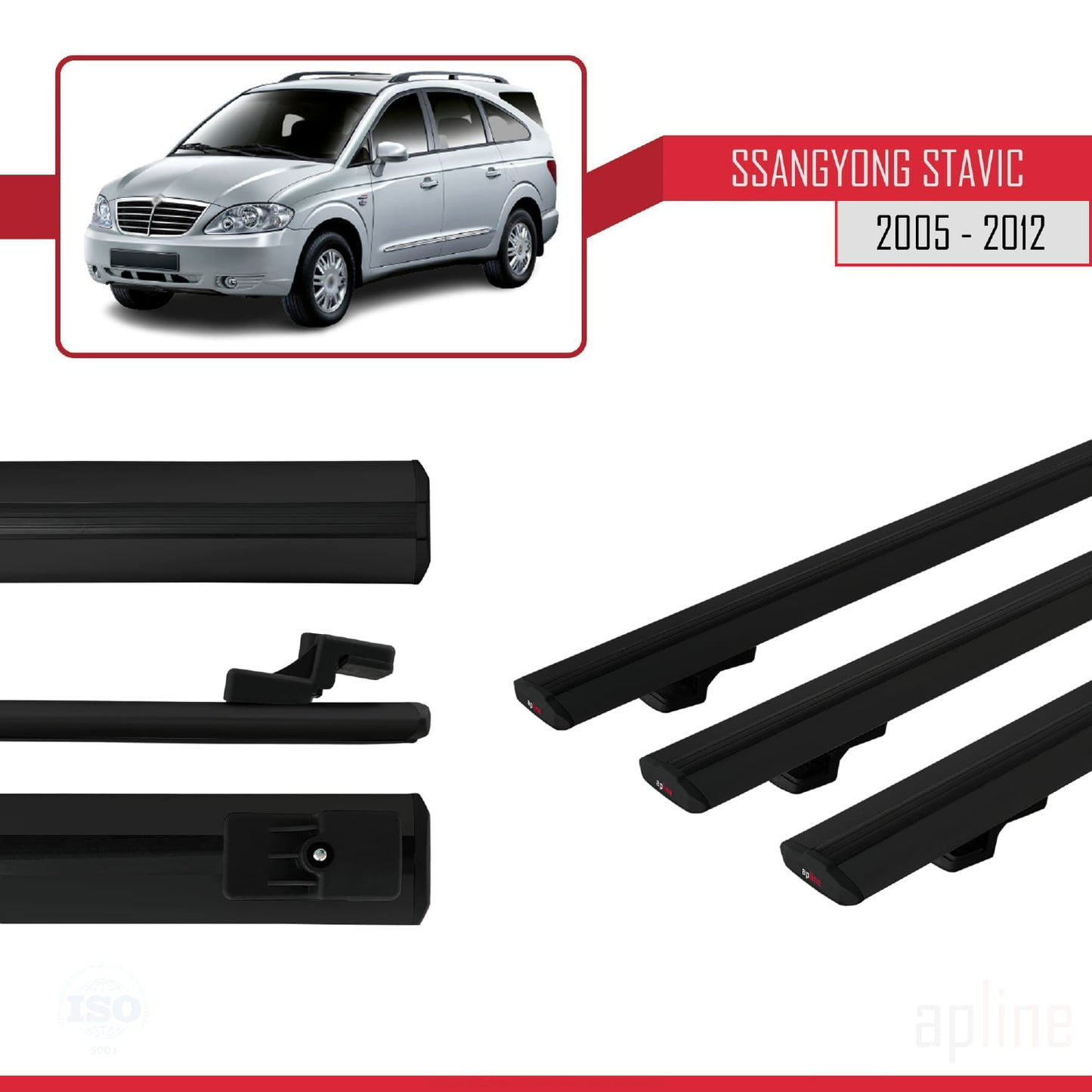 Compatible avec Ssangyong Stavic 2005-2012 BASIC Model Barres de Toit Railing Porte-Bagages de Voiture Noir Aluminium 3 Barres