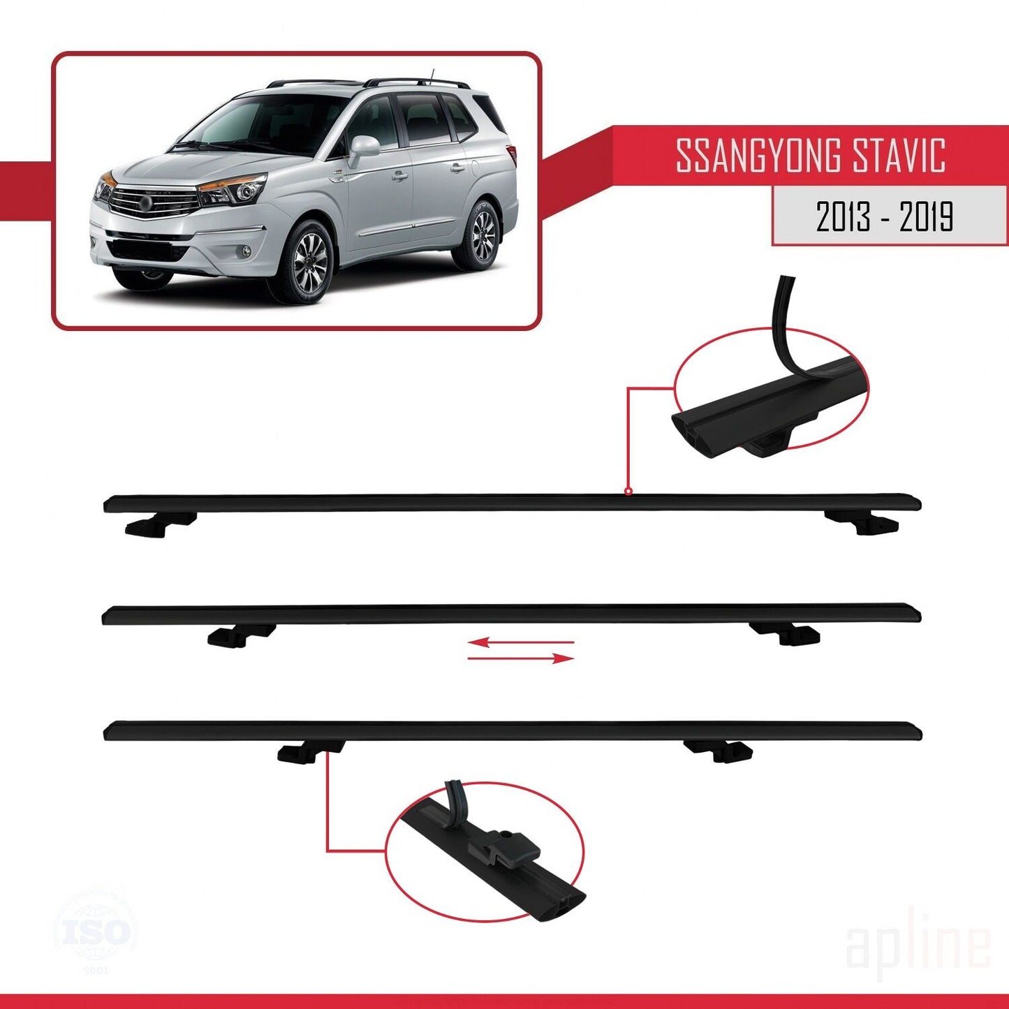 Compatible avec Ssangyong Stavic 2 2013-2019 BASIC Model Barres de Toit Railing Porte-Bagages de Voiture Noir Aluminium 3 Barres