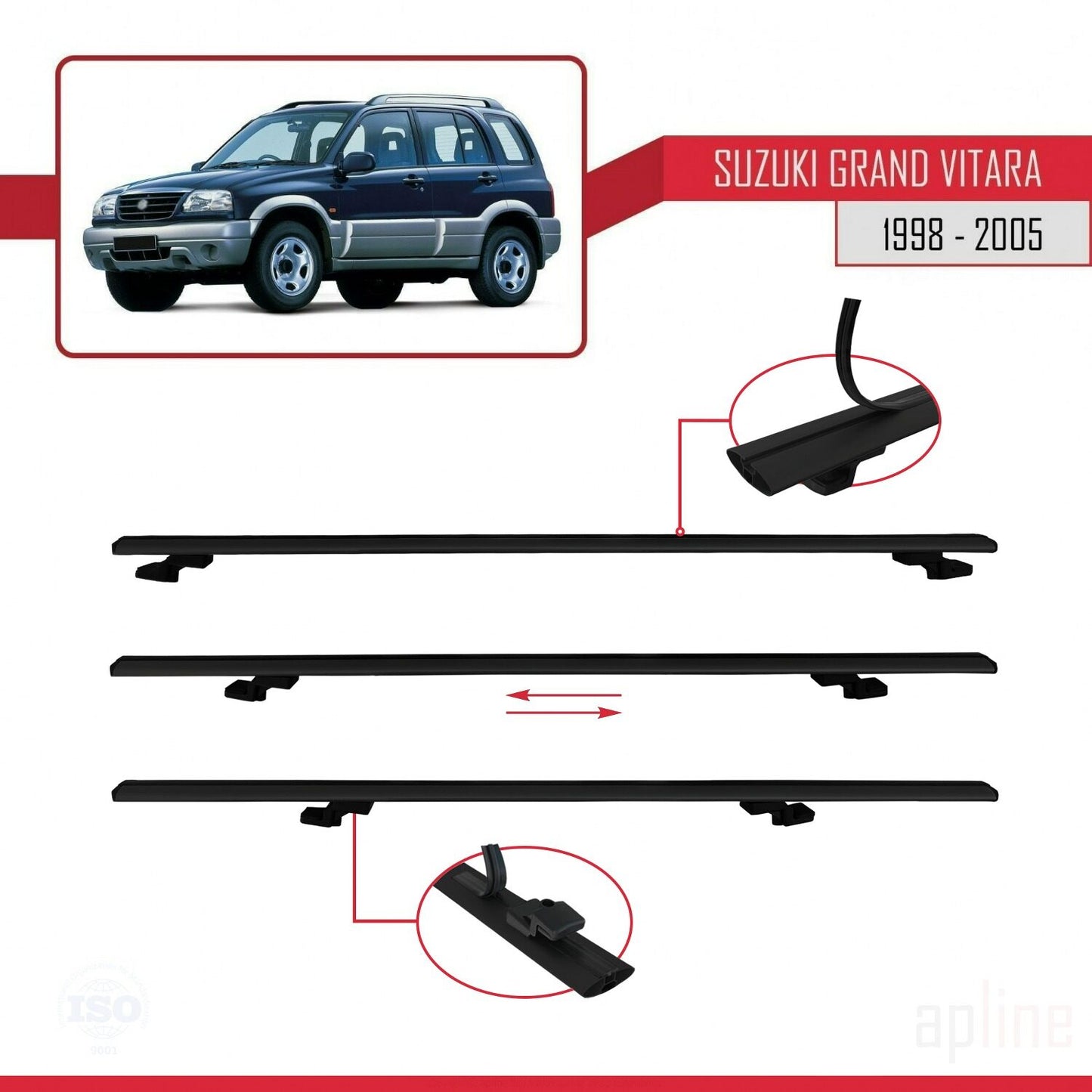 Compatible avec Suzuki Grand Vitara (FT) 1998-2005 BASIC Model Barres de Toit Railing Porte-Bagages de Voiture Noir Aluminium 3 Barres