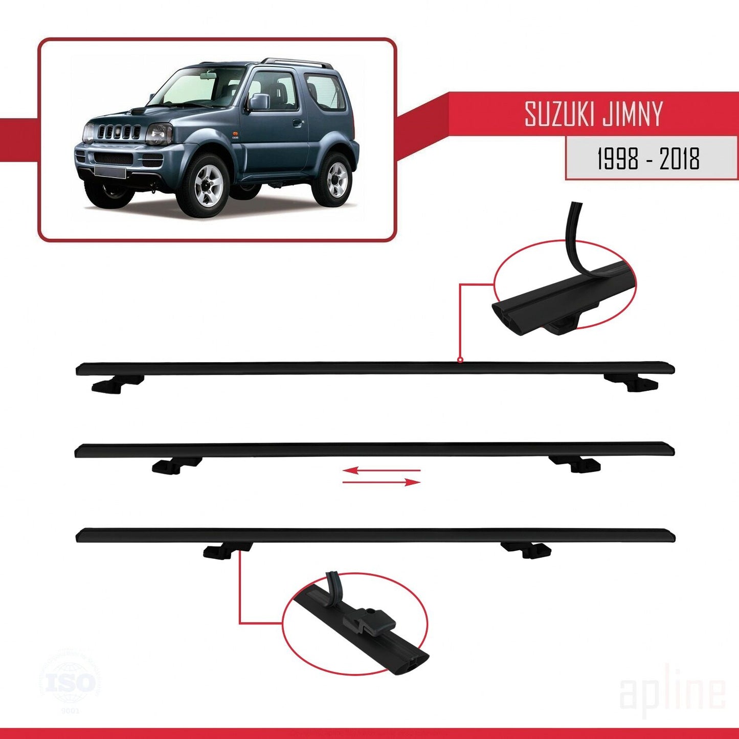 Compatible avec Suzuki Jimny 3 1998-2018 BASIC Model Barres de Toit Railing Porte-Bagages de Voiture Noir Aluminium 2 Barres