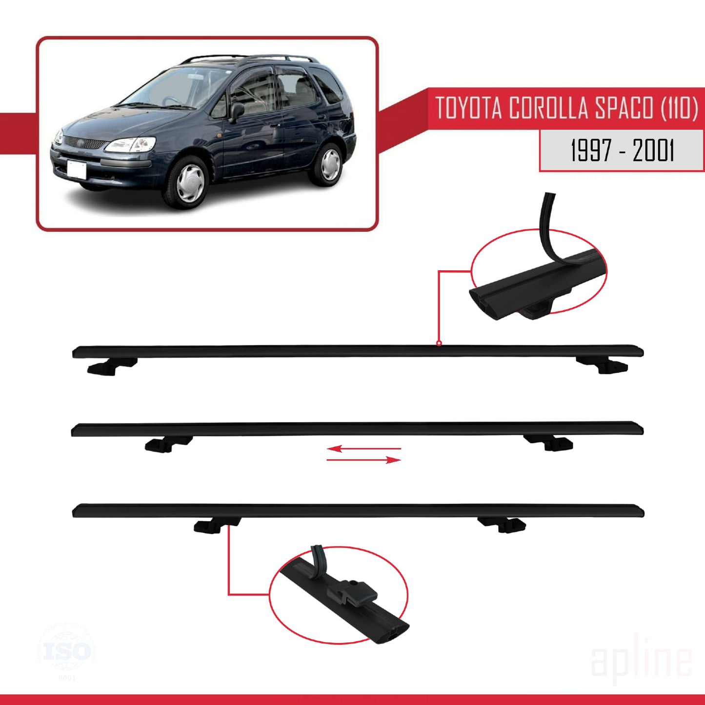 Compatible avec Toyota Corolla Spacio (E110) 1997-2001 BASIC Model Barres de Toit Railing Porte-Bagages de Voiture Noir Aluminium 3 Barres