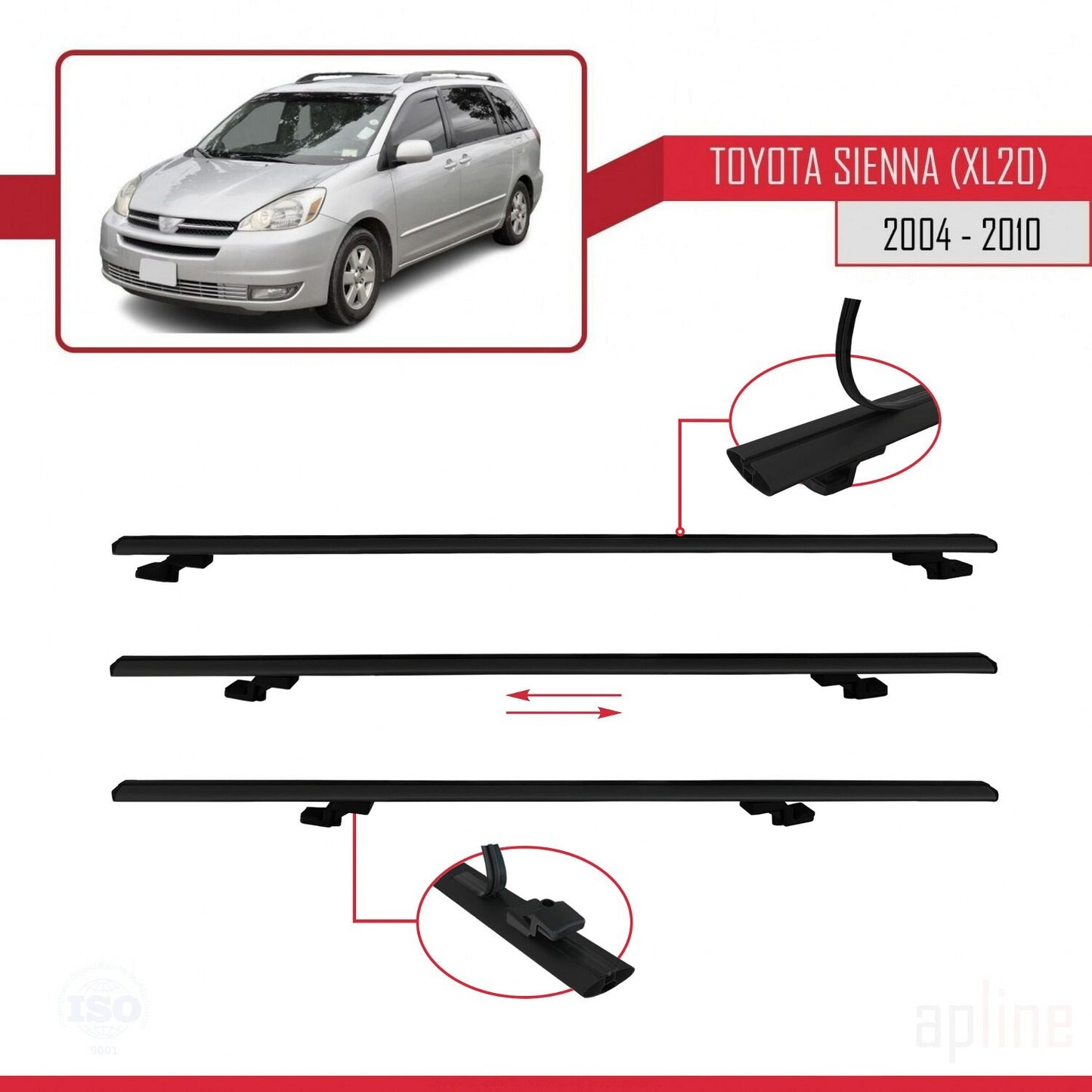 Compatible avec Toyota Sienna 2 (XL20) 2004-2010 BASIC Model Barres de Toit Railing Porte-Bagages de Voiture Noir Aluminium 3 Barres