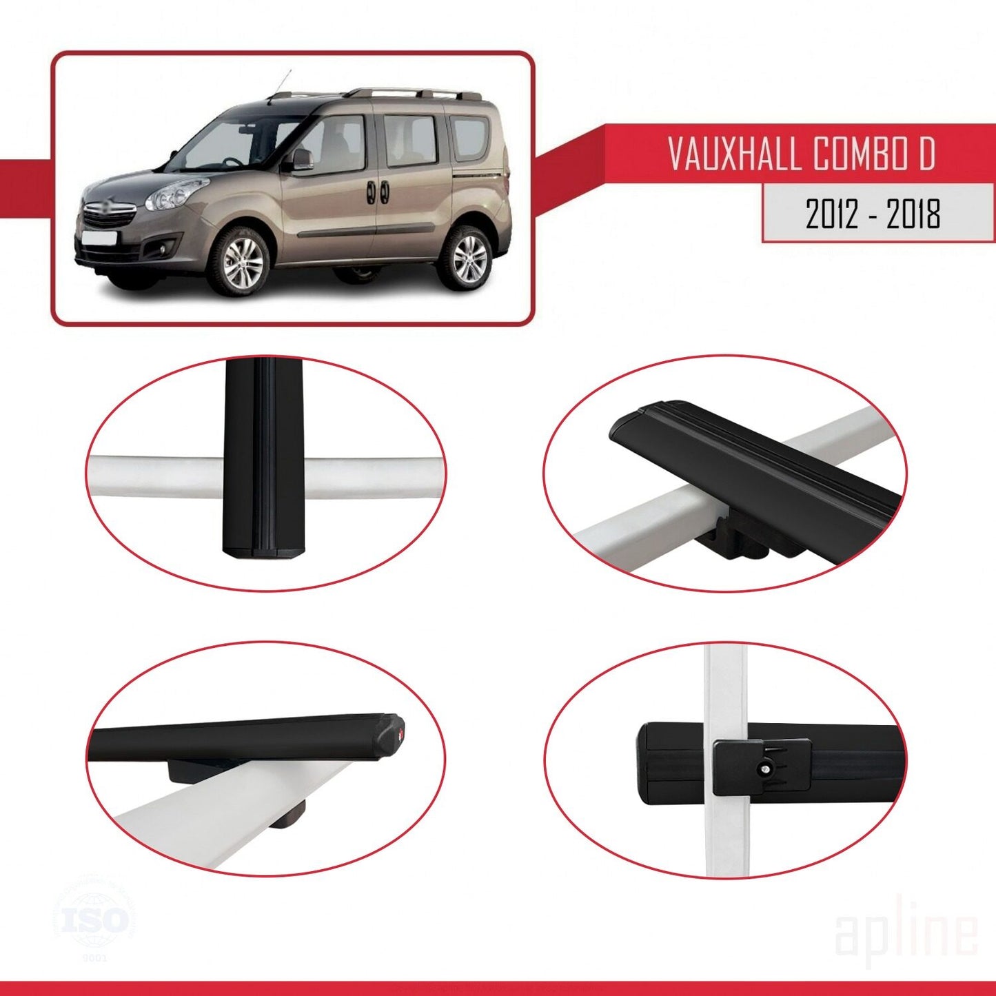 Compatible avec Vauxhall Combo D 2012-2018 BASIC Model Barres de Toit Railing Porte-Bagages de Voiture Noir Aluminium 2 Barres