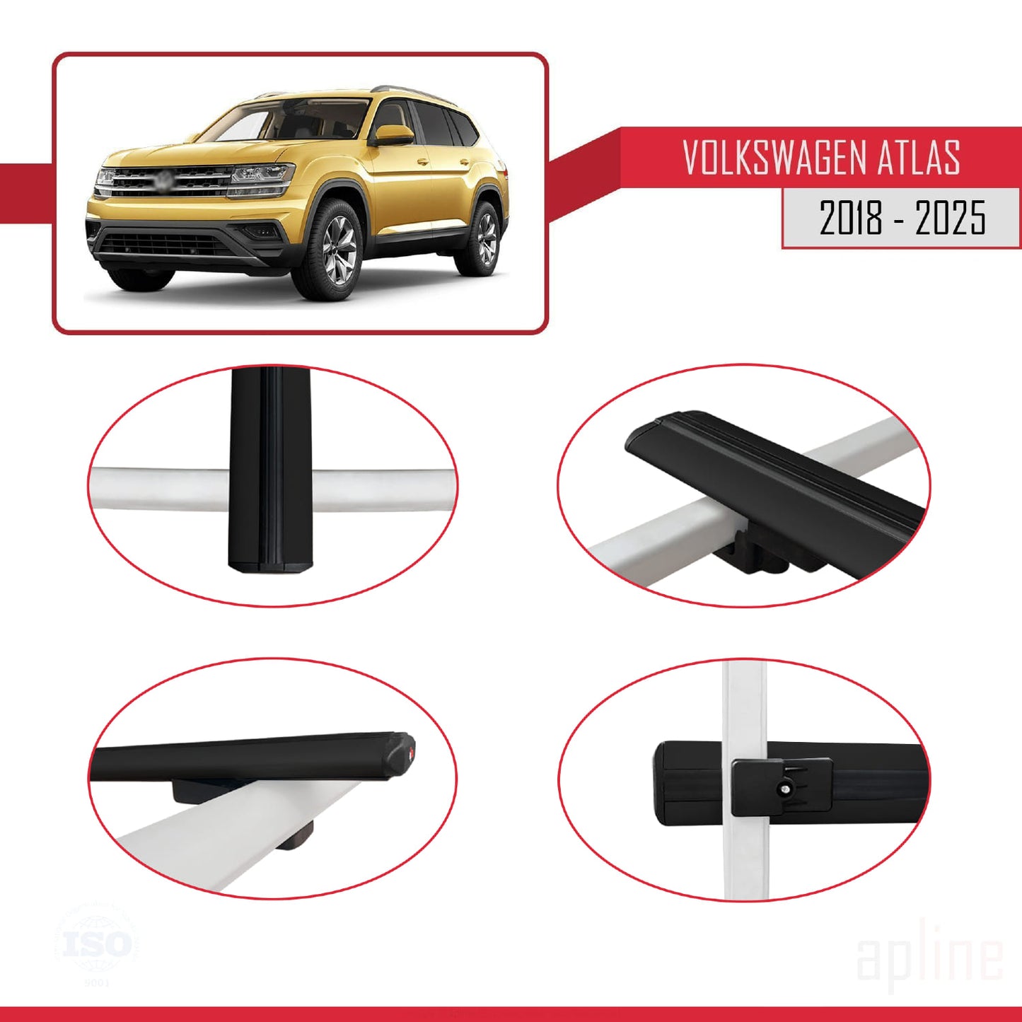 Compatible avec Volkswagen Atlas (CA1) 2018-2025 BASIC Model Barres de Toit Railing Porte-Bagages de Voiture Noir Aluminium 2 Barres