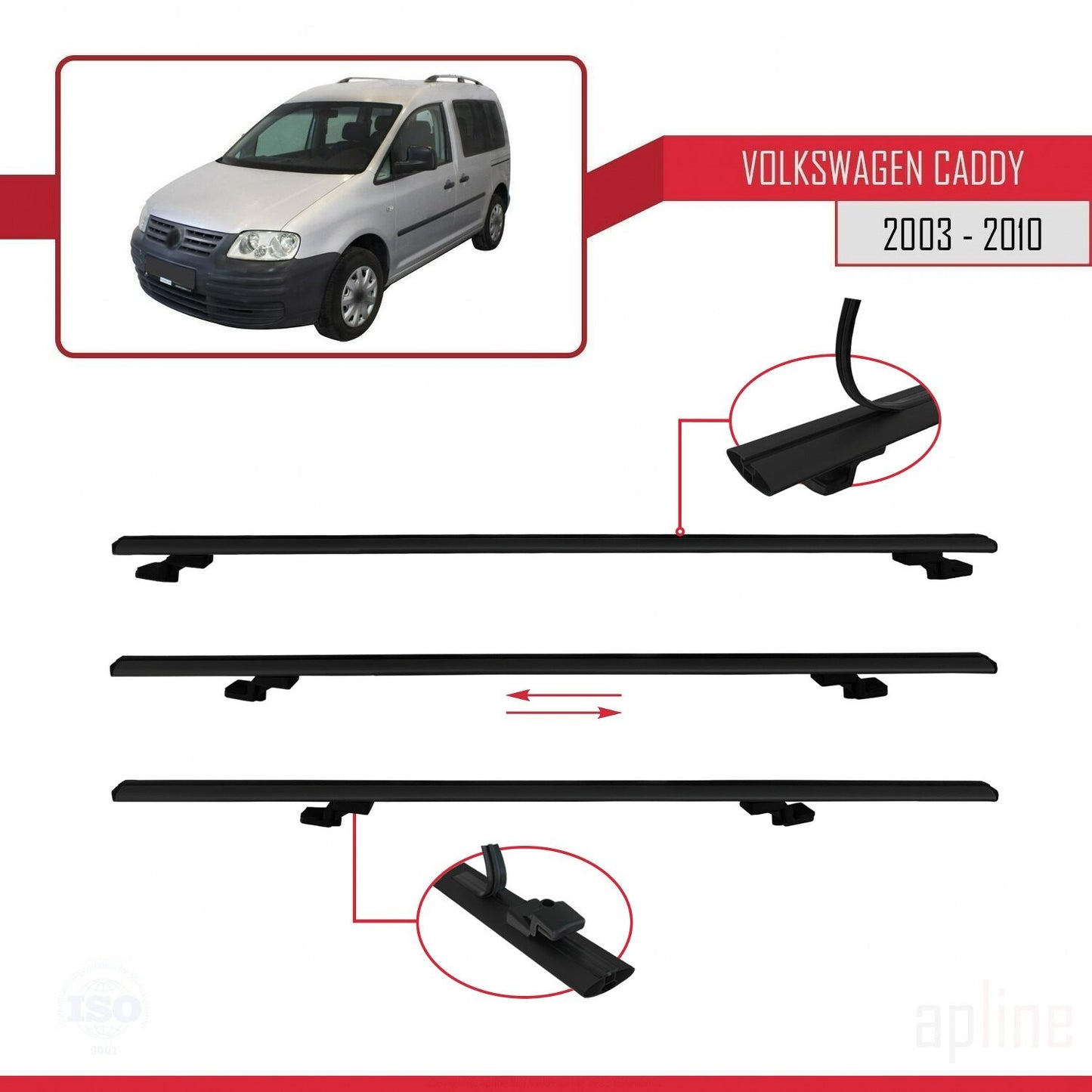 Compatible avec Volkswagen Caddy 3 (2K) 2003-2010 BASIC Model Barres de Toit Railing Porte-Bagages de Voiture Noir Aluminium 2 Barres