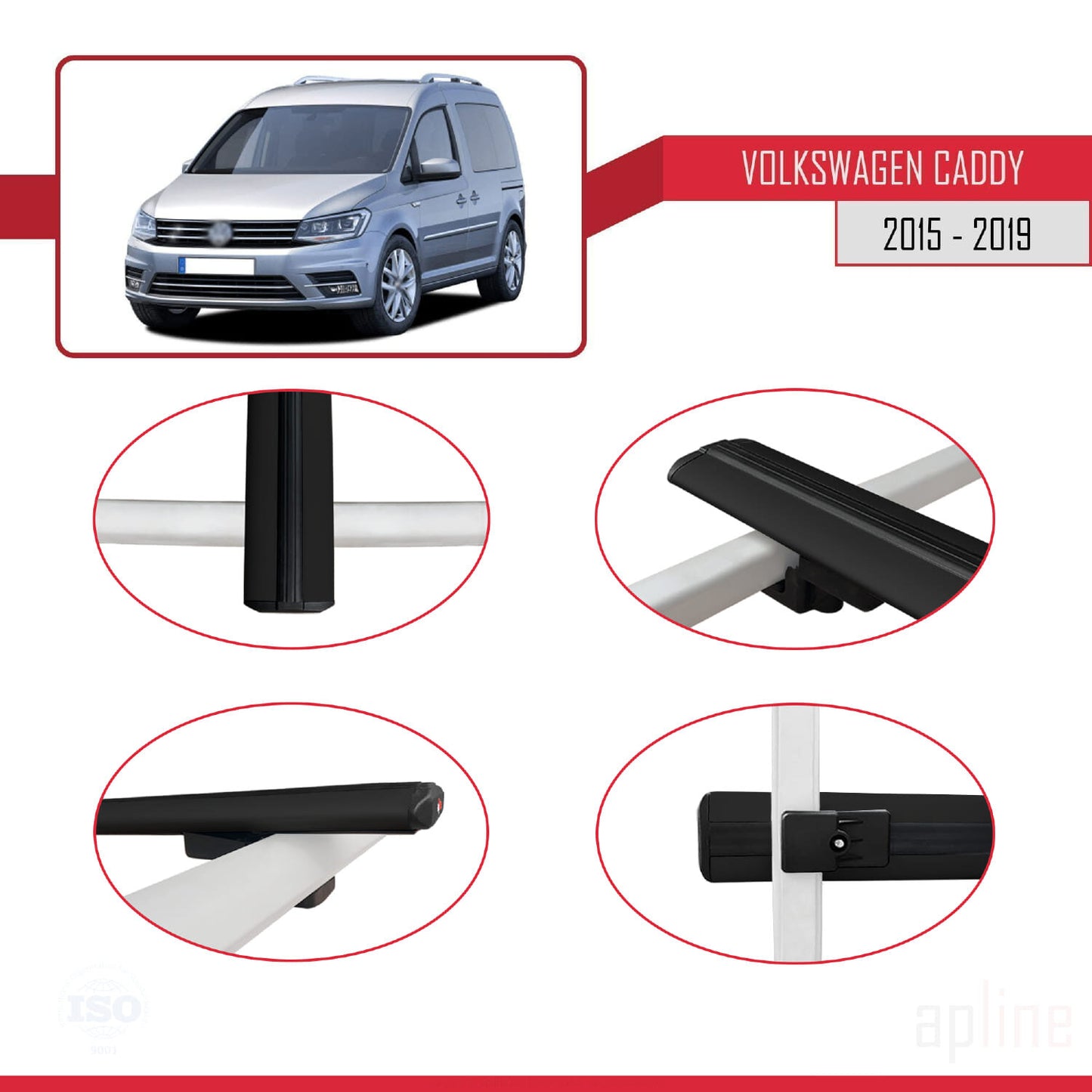 Compatible avec Volkswagen Caddy 3 (SA) 2015-2019 BASIC Model Barres de Toit Railing Porte-Bagages de Voiture Noir Aluminium 4 Barres