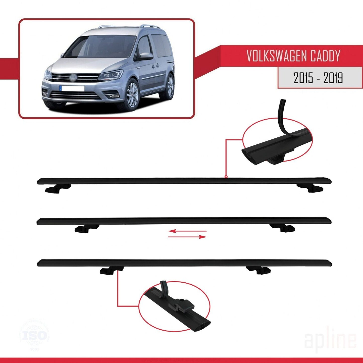 Compatible avec Volkswagen Caddy 3 (SA) 2015-2019 BASIC Model Barres de Toit Railing Porte-Bagages de Voiture Noir Aluminium 2 Barres
