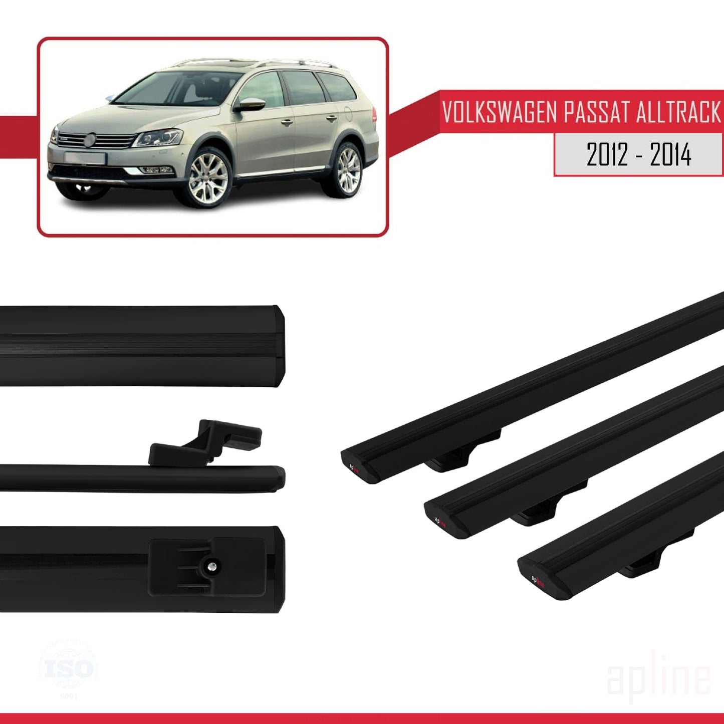 Compatible avec Volkswagen Passat B7 (3C) Alltrack 2012-2014 BASIC Model Barres de Toit Railing Porte-Bagages de Voiture Noir Aluminium 3 Barres