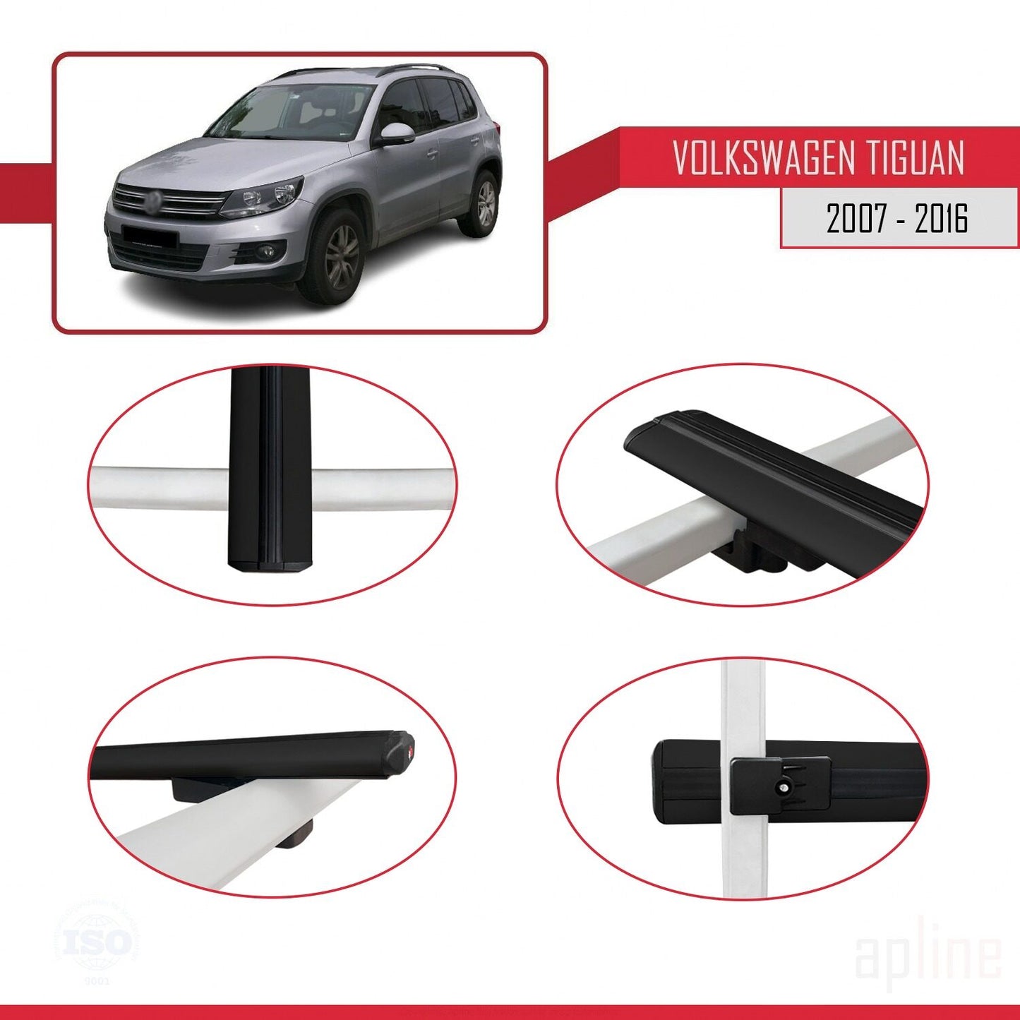 Compatible avec Volkswagen Tiguan (5N) 2007-2016 BASIC Model Barres de Toit Railing Porte-Bagages de Voiture Noir Aluminium 3 Barres